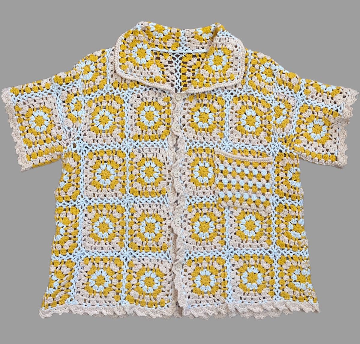 image of No Maintenance Nomaintenance - Yellow White Floral Crochet Shirt, Men's (Size Medium)