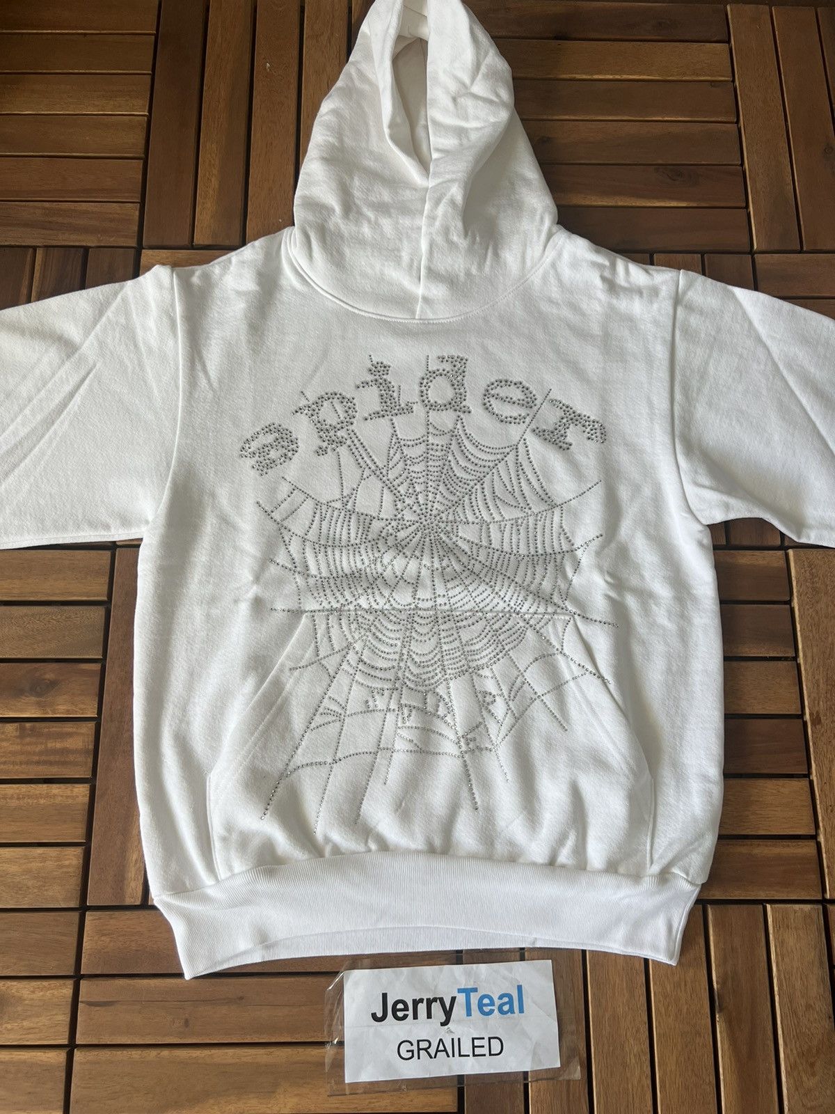 Sp5der OG Rhinestone Logo Hoodie White | SpiderHoodie.org