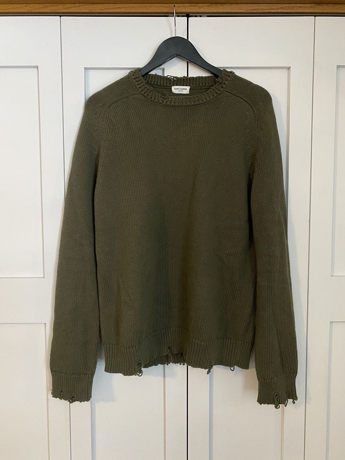 image of Saint Laurent Paris Saint Laurent Green Distressed Knit Sweater, Men's (Size XL)