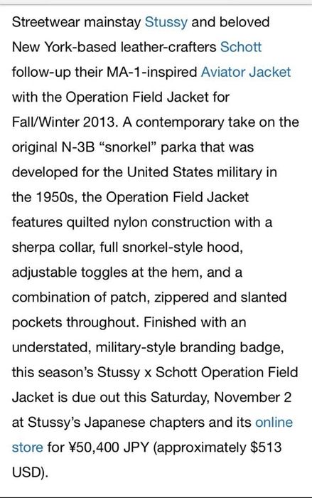 Stussy 2013 Stussy X Schott Fall/Winter Operation Field Jacket