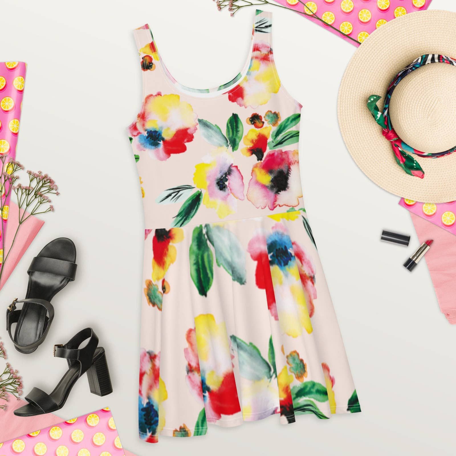 Summer Floral Skater Dress oil paint design cocktail parties
