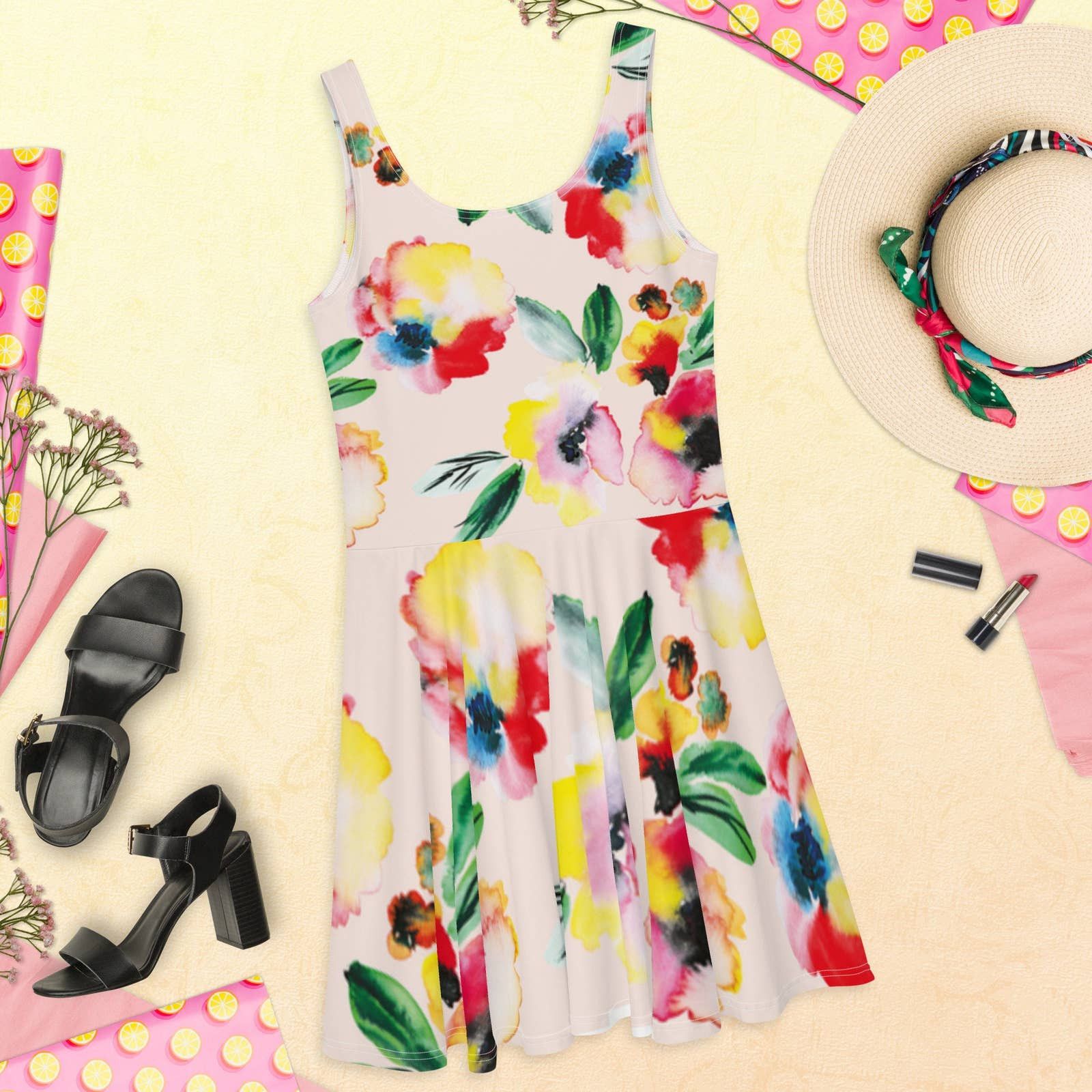 Summer Floral Skater Dress oil paint design cocktail parties