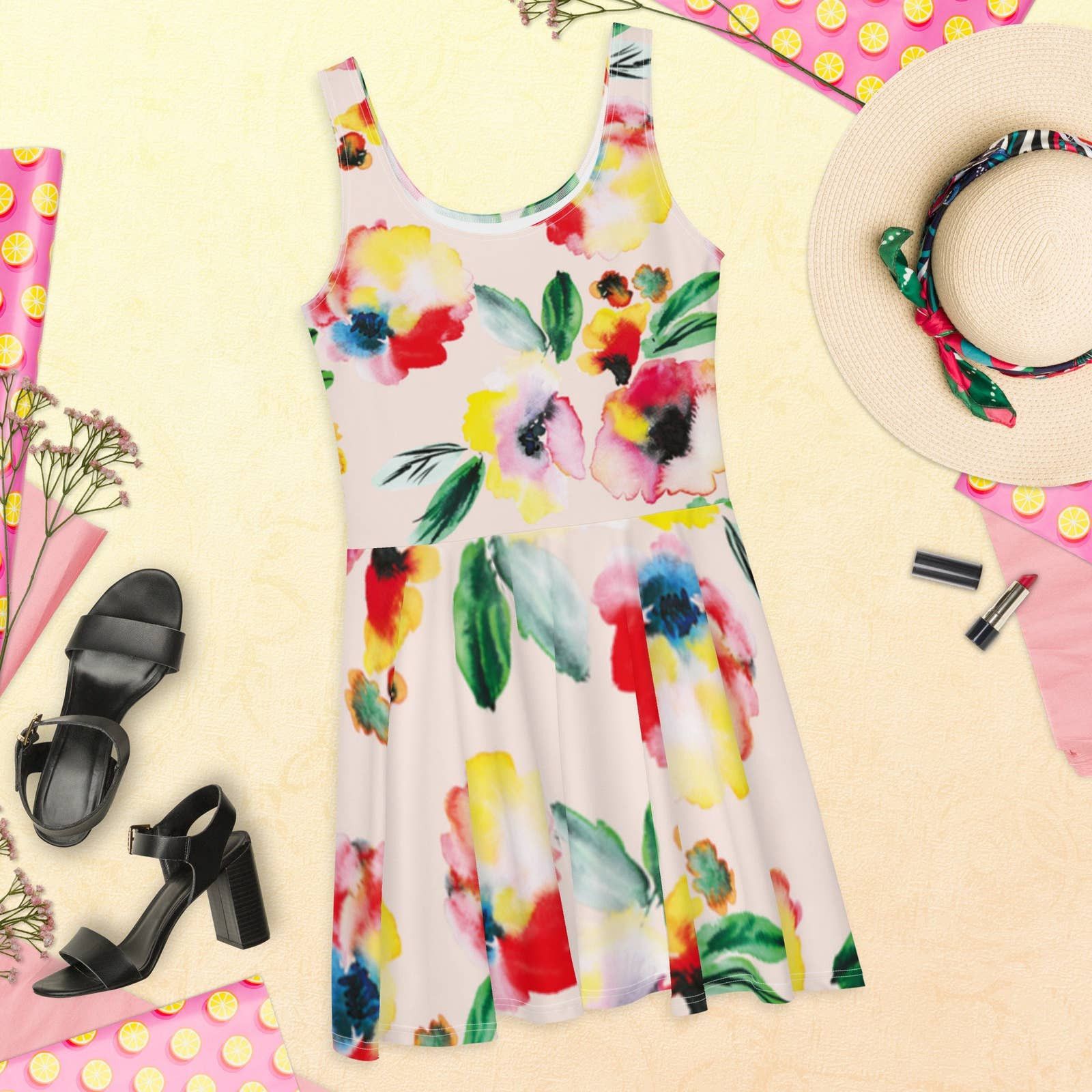Summer Floral Skater Dress oil paint design cocktail parties