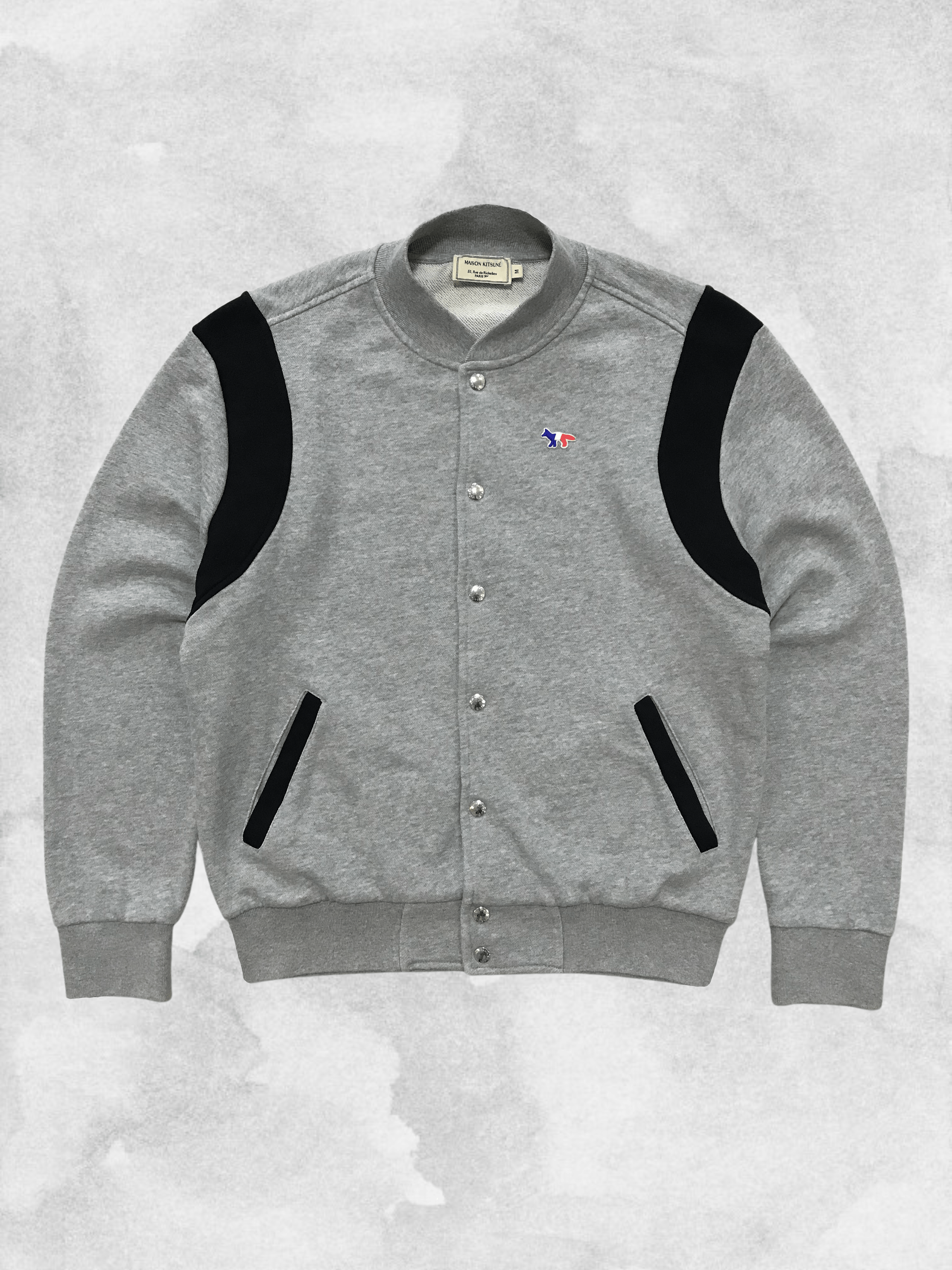 image of Maison Kitsune Paris Teddy Jacket Bomber Grey Tricolour Fox in Gray Black, Men's (Size Medium)