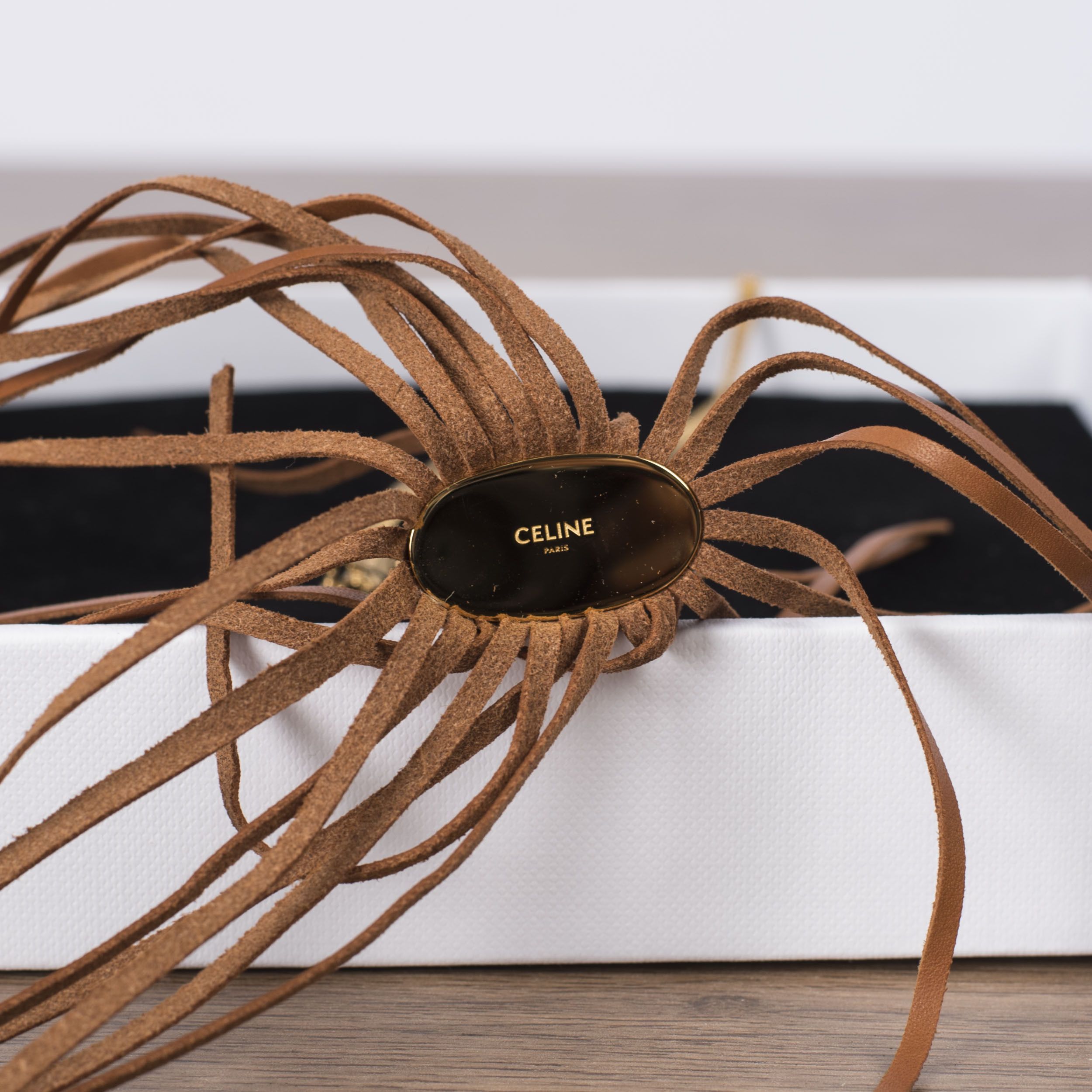 Celine × Hedi Slimane Lighter Case Fringes Necklace Brass Gold/Tan Calfskin Size ONE SIZE - 2 Thumbnail