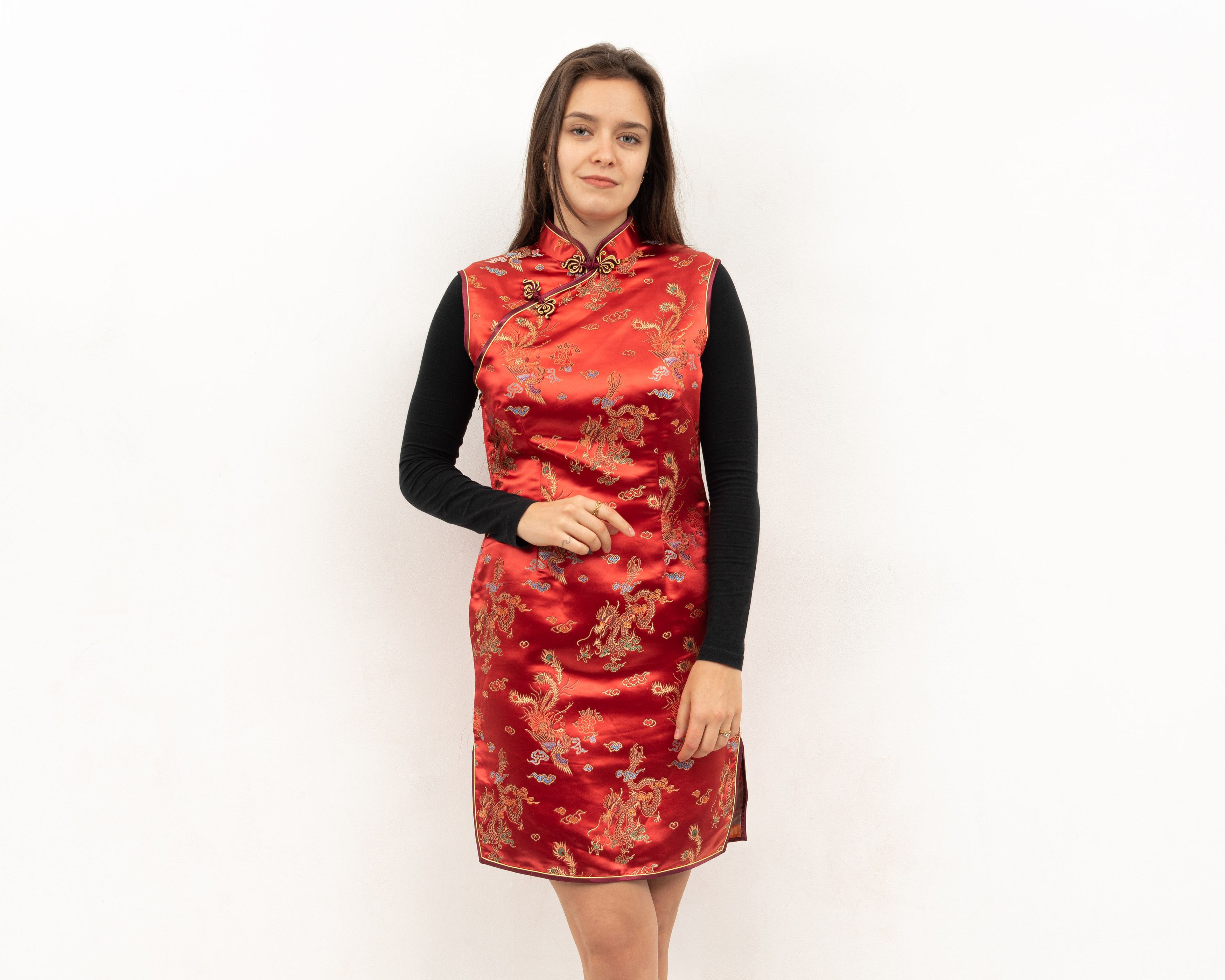 Other × Vintage Chinese Kimono Silky Midi Dress Sleeveles Gown Made in China Size M / US 6-8 / IT 42-44 - 1 Thumbnail