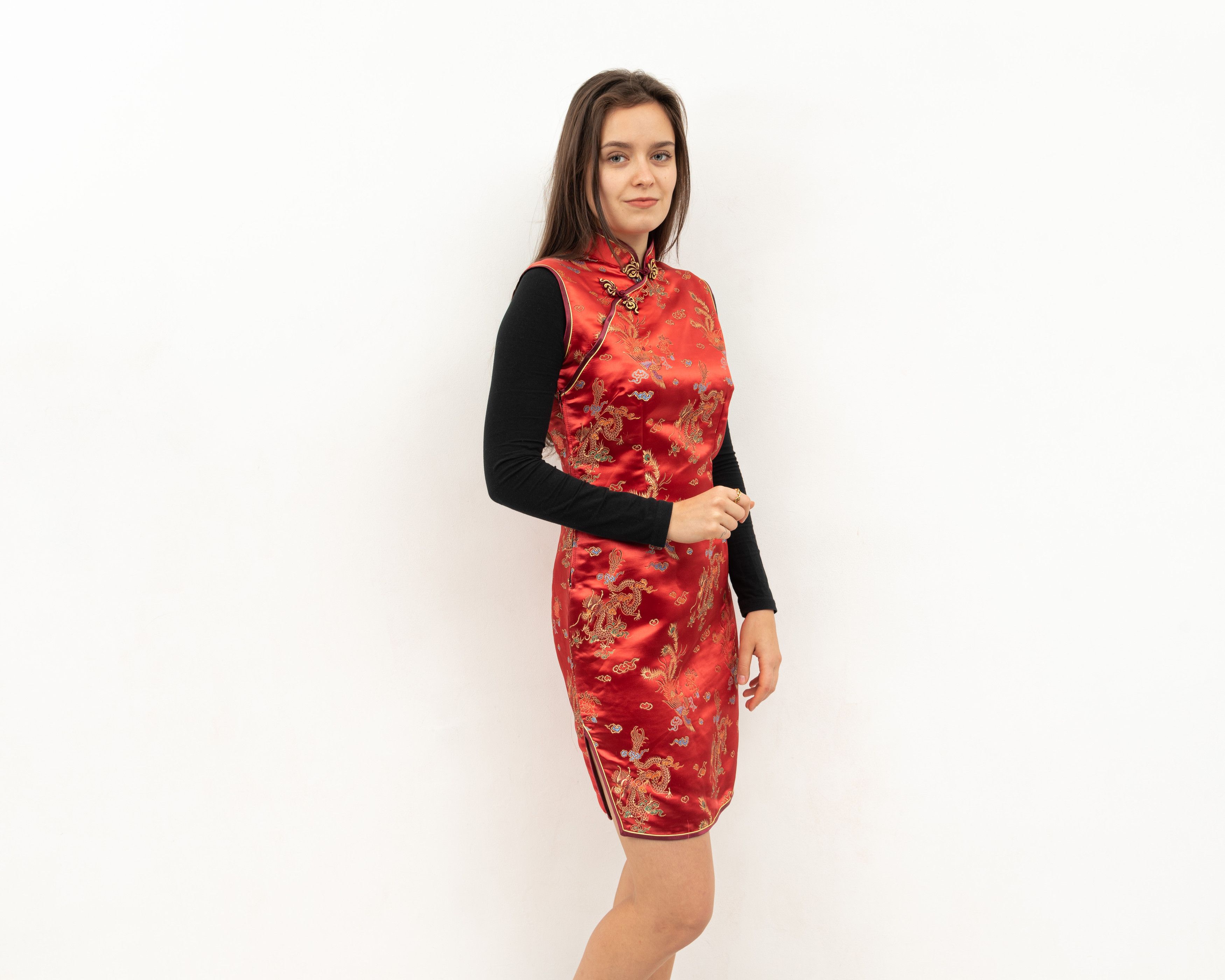 Other × Vintage Chinese Kimono Silky Midi Dress Sleeveles Gown Made in China Size M / US 6-8 / IT 42-44 - 2 Thumbnail