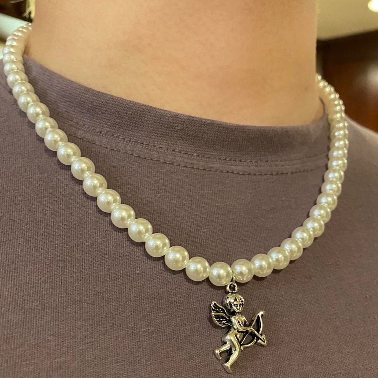 Jewelry Simulated Pearl Necklace with cupid charm Size ONE SIZE - 1 Thumbnail