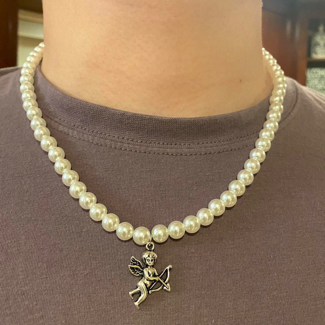 Jewelry Simulated Pearl Necklace with cupid charm Size ONE SIZE - 2 Thumbnail