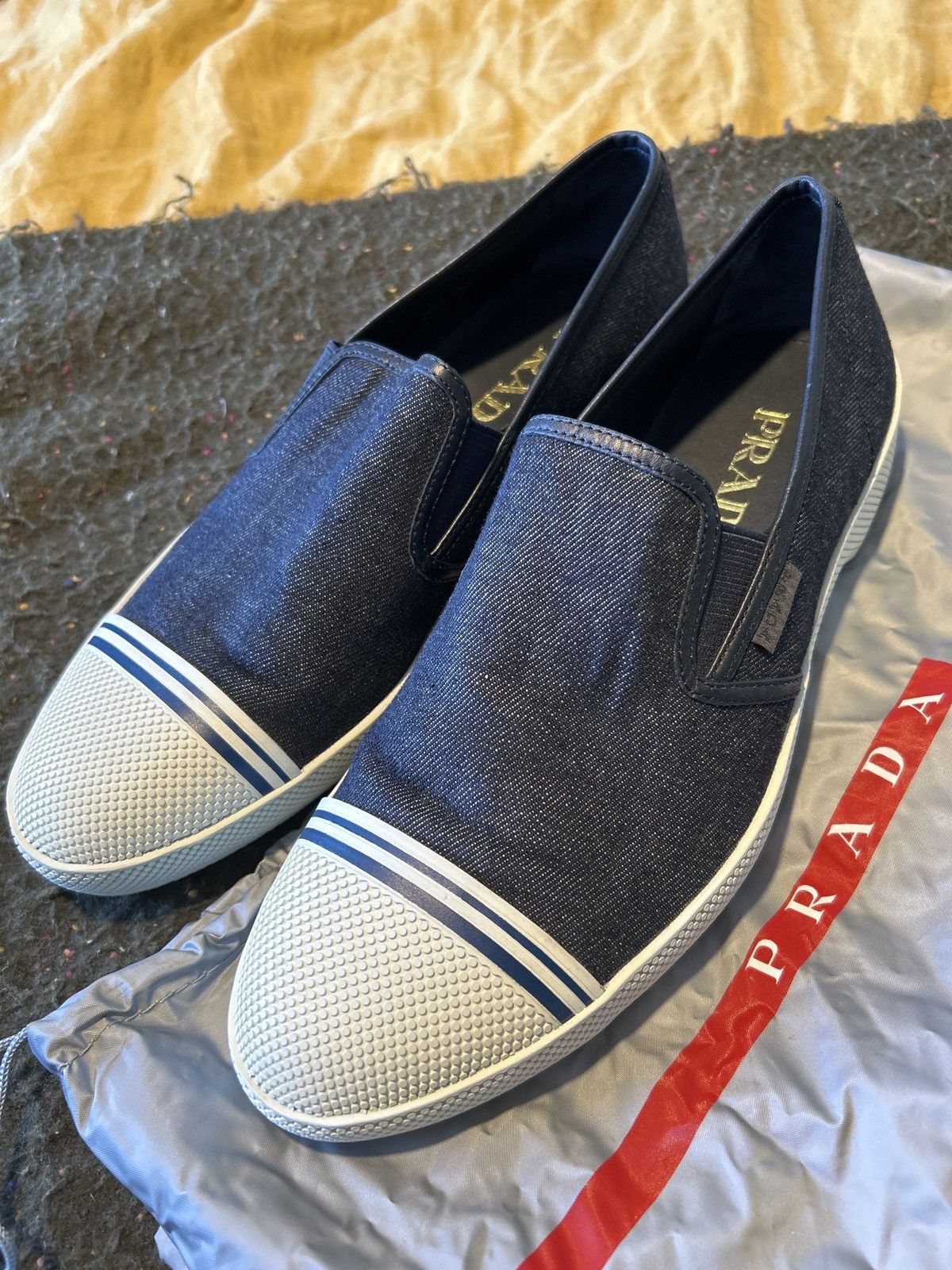 Prada Denim rubber cap toe low top slip on sneakers Size US 7 / EU 40 - 1 Thumbnail