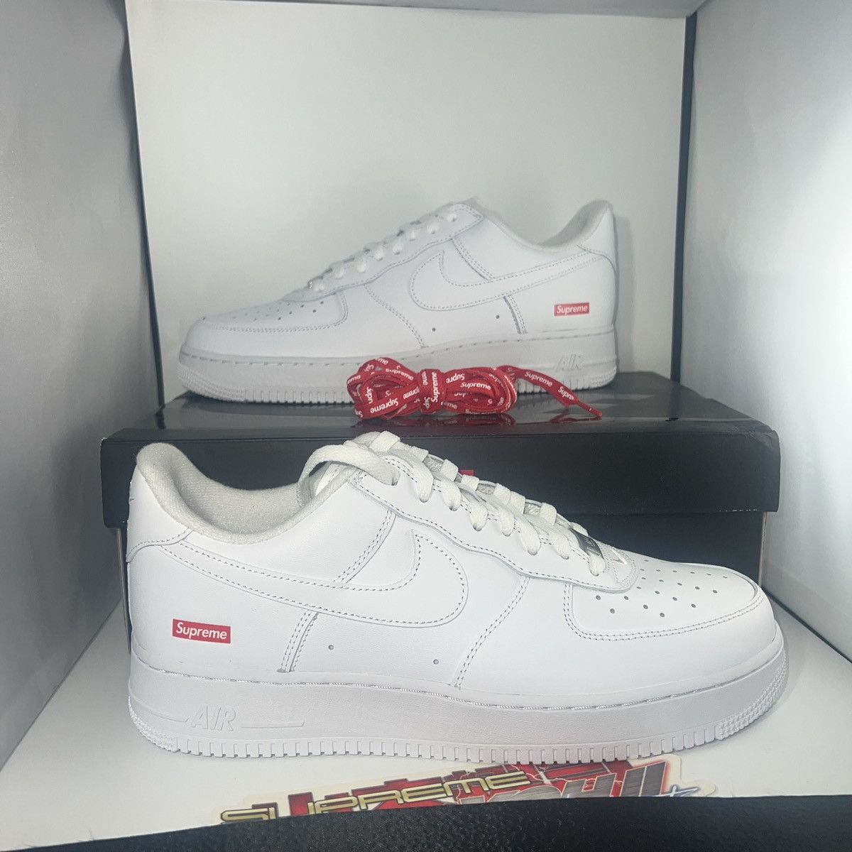 image of Nike x Supreme Air Force 1 Low Supreme Shoes in White, Men's (Size 8.5)