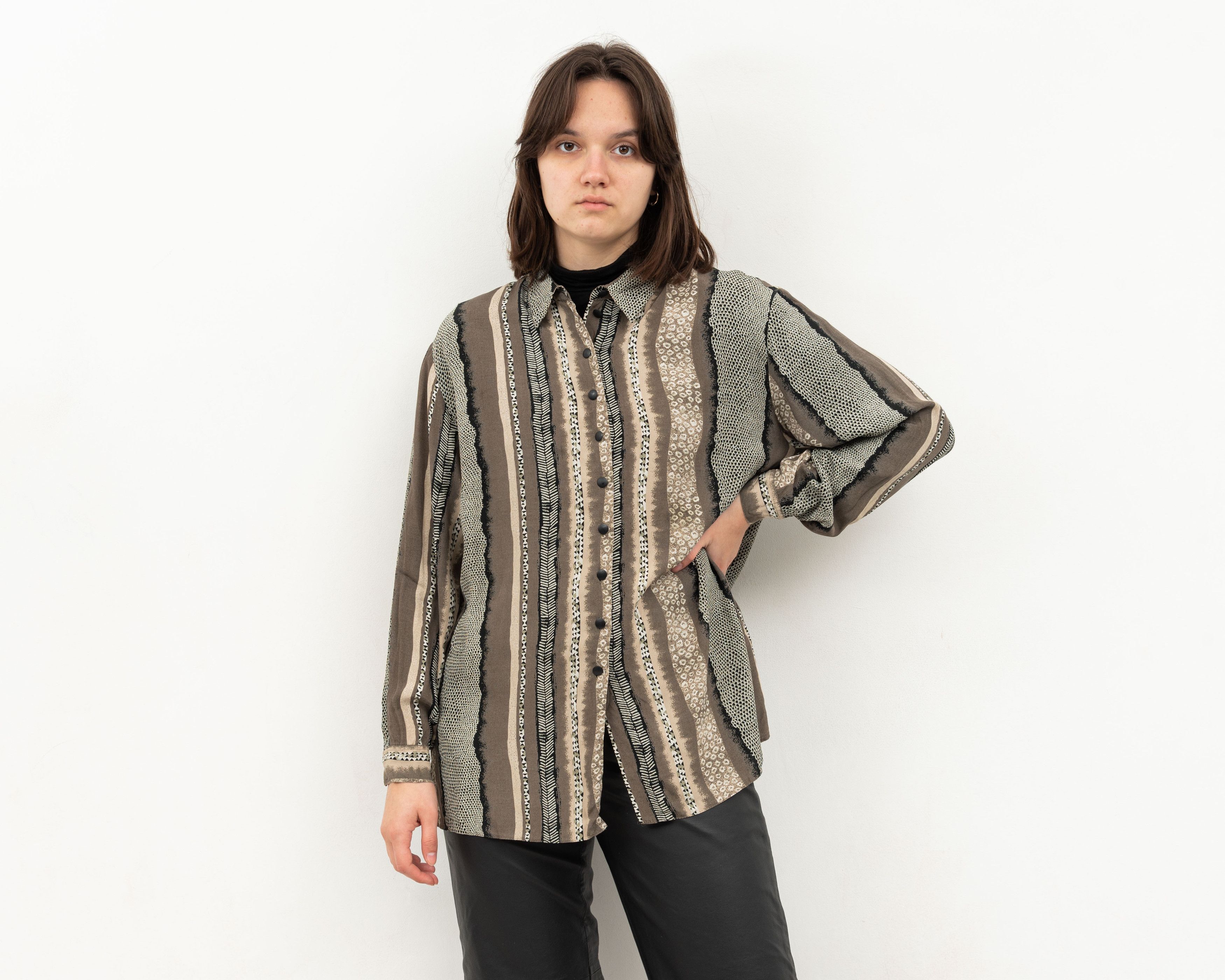 Other × Vintage 80's Button Up Over Shirt Long Sleeved Blouse Patterned Top Size L / US 10 / IT 46 - 2 Thumbnail