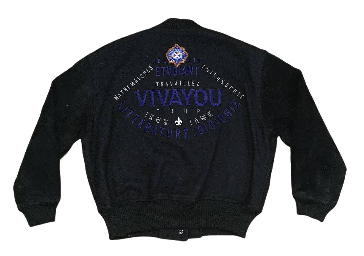 image of Bomber Jacket x Varsity Jacket Vivayou Leather Suede Wool Varsity Jacket in Black (Size Medium)