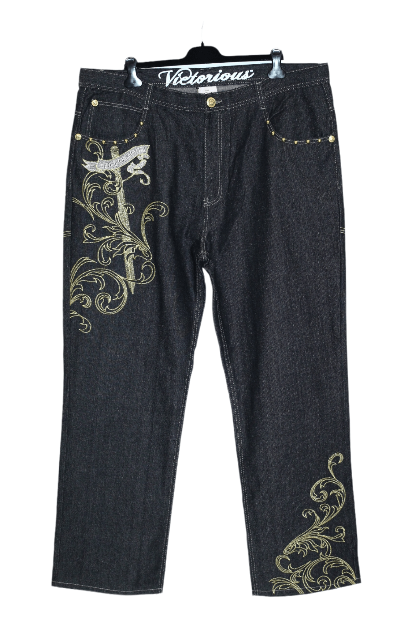 20471120 Vtg Victorious Crown Heiden Art Embroidery Baggy Raw Jeans Size US 44 / EU 60 - 1 Thumbnail