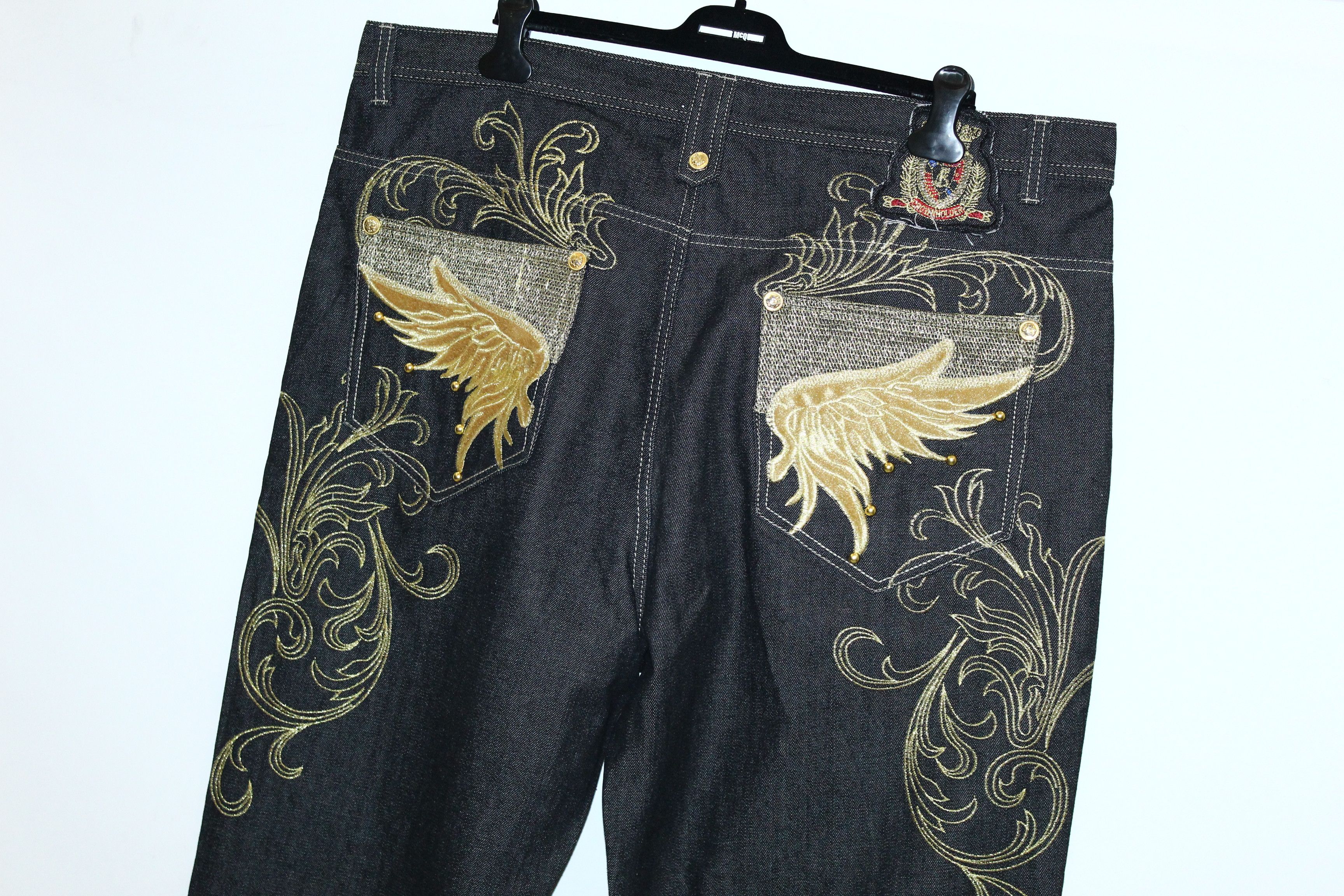 20471120 Vtg Victorious Crown Heiden Art Embroidery Baggy Raw Jeans Size US 44 / EU 60 - 6 Thumbnail