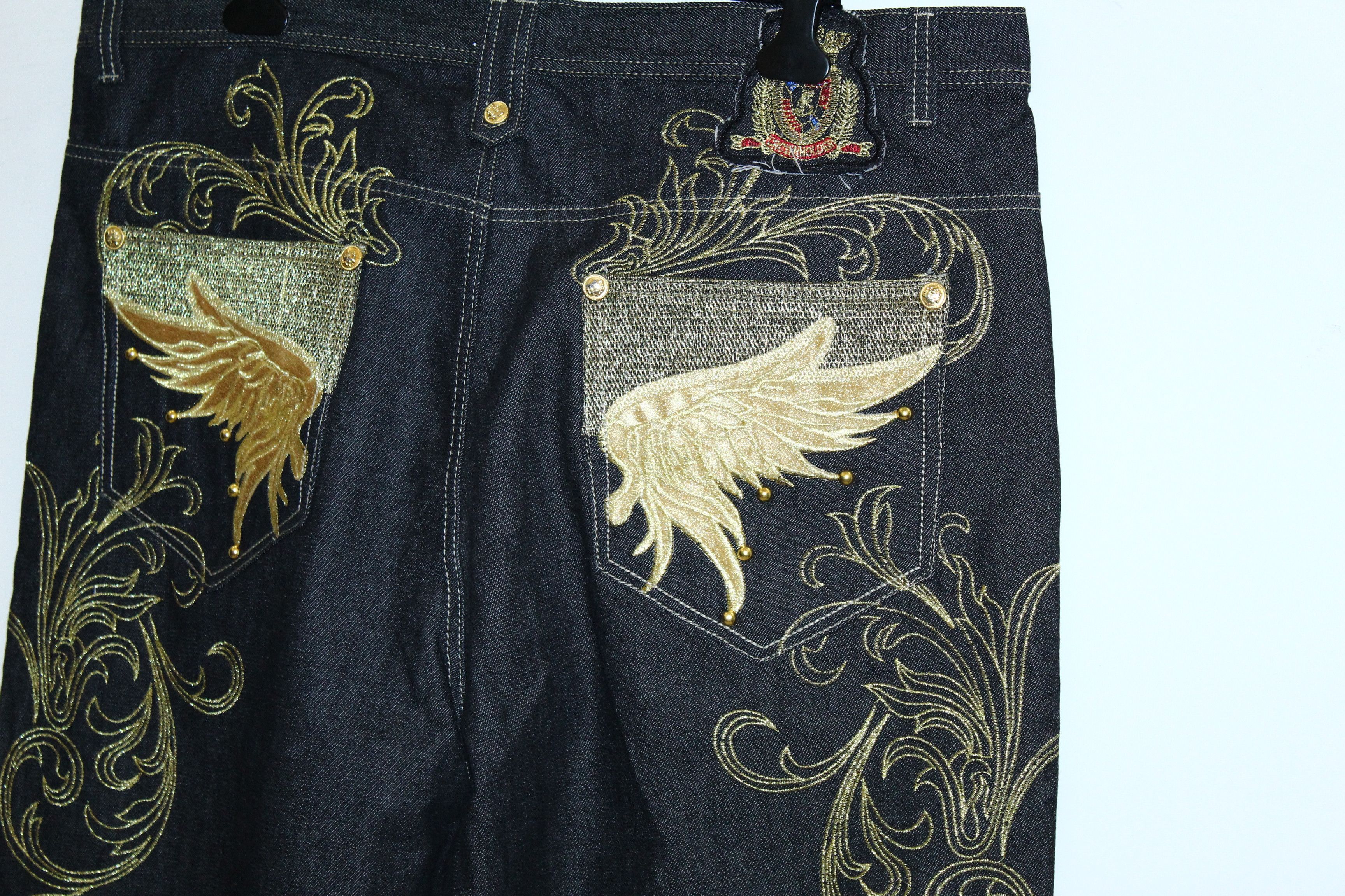 20471120 Vtg Victorious Crown Heiden Art Embroidery Baggy Raw Jeans Size US 44 / EU 60 - 7 Thumbnail