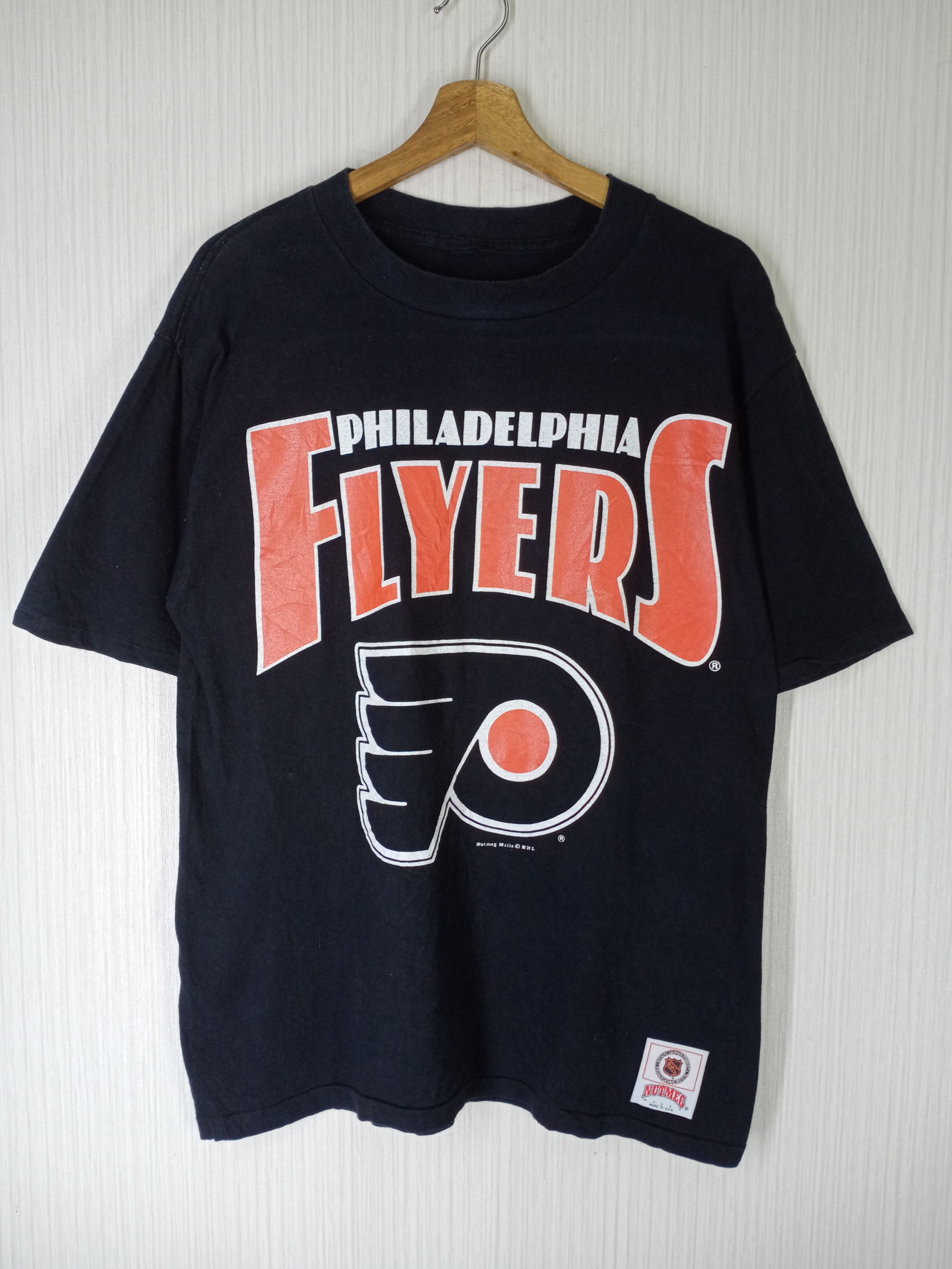image of Vintage 90's Philadelphia Flyers Nhl Big Logo Tshirt in Black, Men's (Size Large)