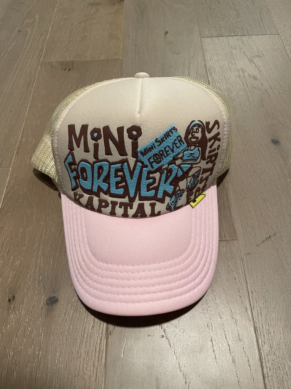 image of Kapital x Kapital Kountry Mini Skirts Forever Trucker Hat in Beige/Pink, Men's