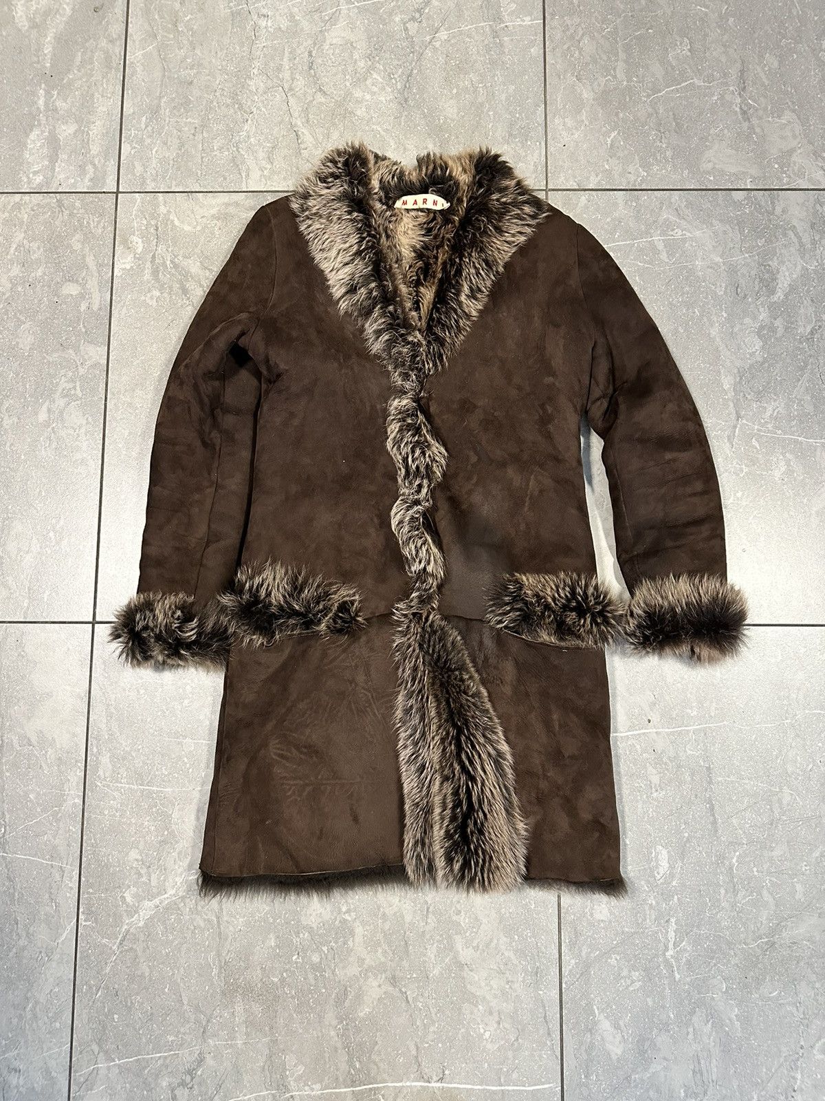 image of Marni Leather Fur Coat in Brown, Women's (Size Small)