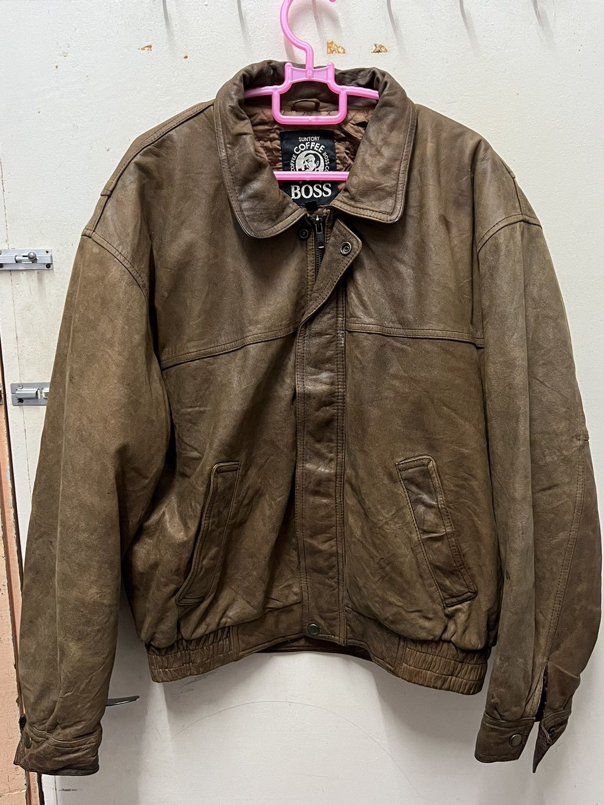 image of Archival Clothing x Vintage Suntory Coffee Boss Classic Zipper Leather Jacket Big Logo in Brown (Si