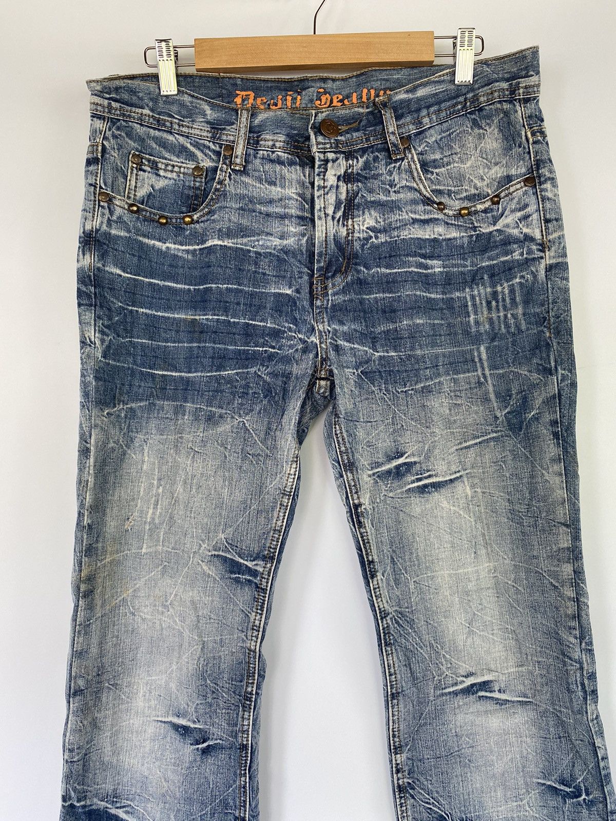 Japanese Brand DEVIL BEAN’S DISTRESSED FLARED BOOTCUT JAPANESE DENIM JEANS Size 34" / US 12 / IT 48 - 2 Thumbnail