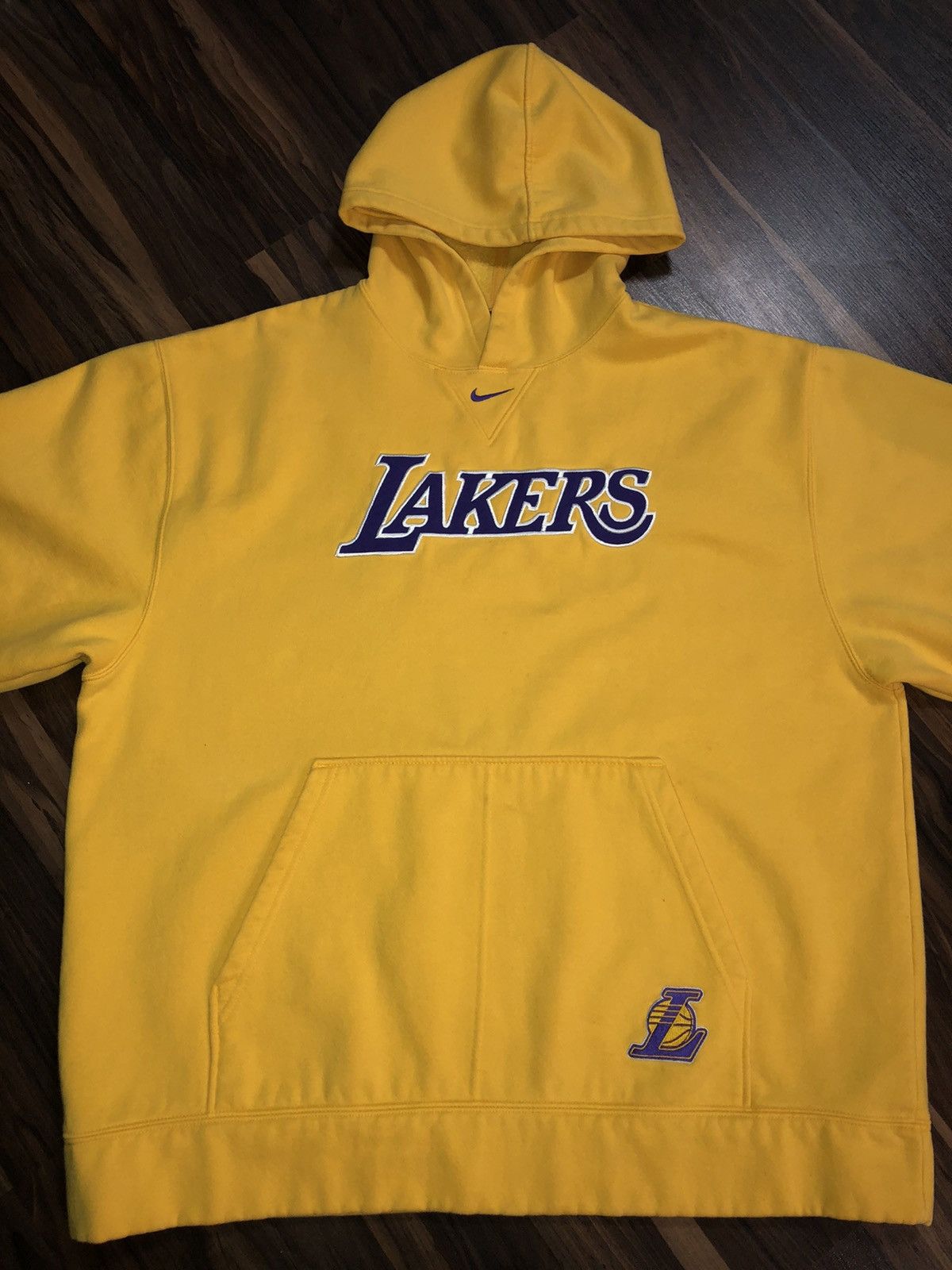 Vtg NIKE Center Swoosh Lakers Embroidered good Patch Logo Hoodie Size XL