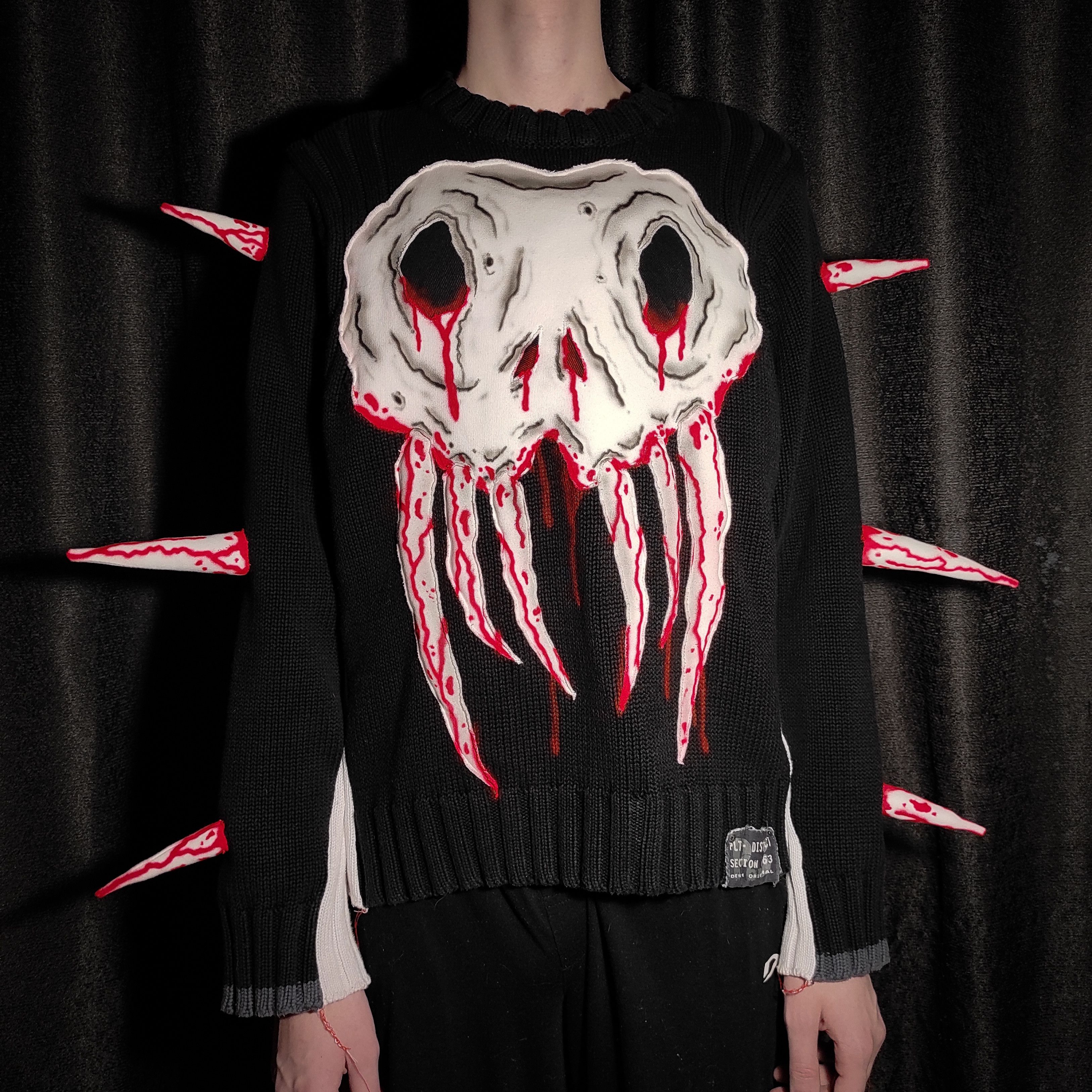 Custom Handmade Bloody Spikes Creepy Face Vintage Sweater