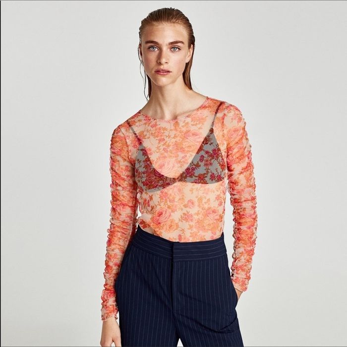 Zara sheer cheap floral top