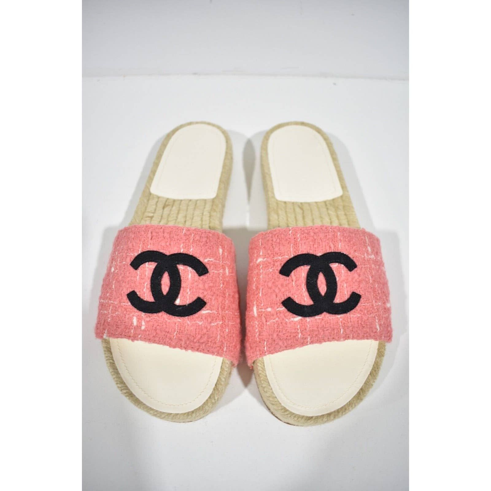 Chanel 20A Pink Tweed Black CC Logo Espadrille Slide Slip On Sandal Mule  Flat 40