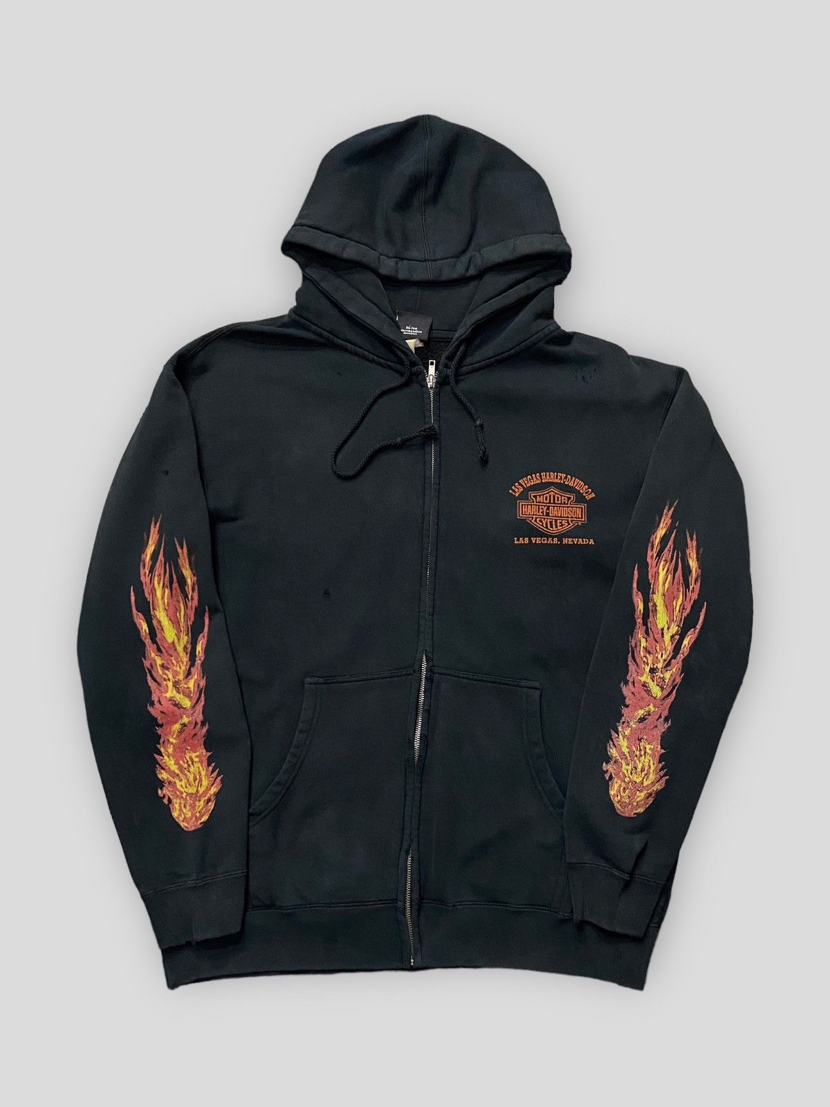 Vintage Harley Davidson Flame Distressed Sun Faded Hoodie Tops