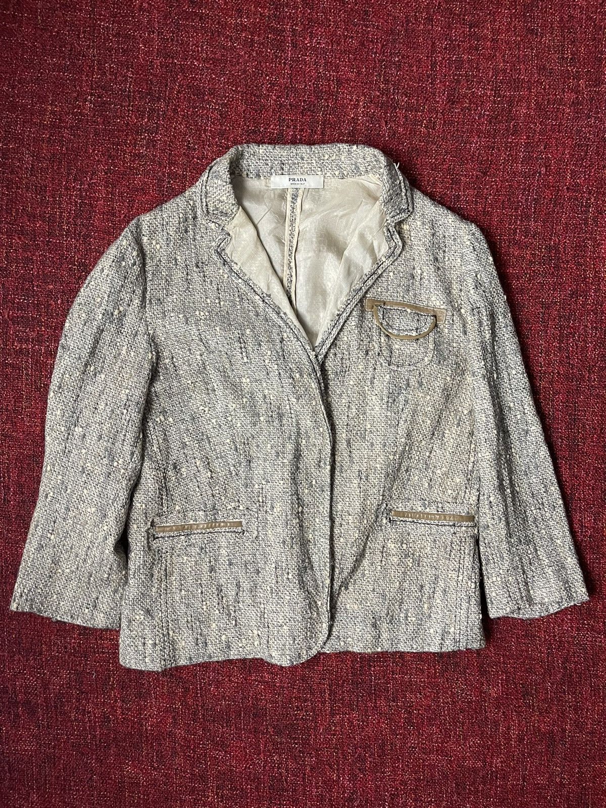 Prada Prada tweed wool blazer with leather elements Size L / US 10 / IT 46 - 1 Thumbnail