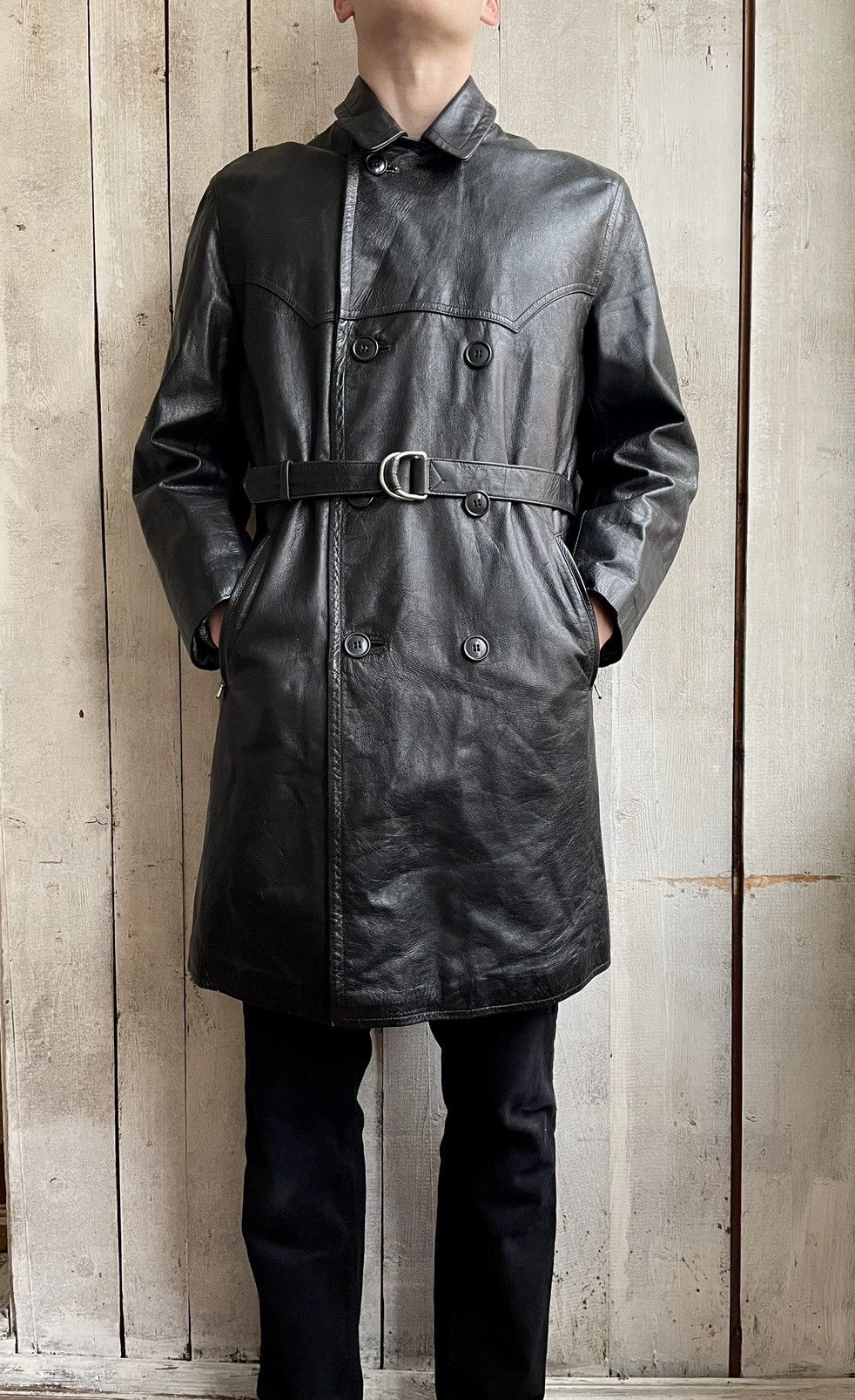 Rare Vintage Black Double Breasted Leather With BeltCoat