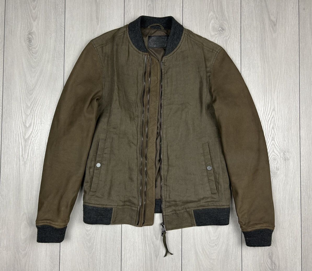 image of Allsaints Bomber Jacket Linen Leather in Khaki, Men's (Size Small)