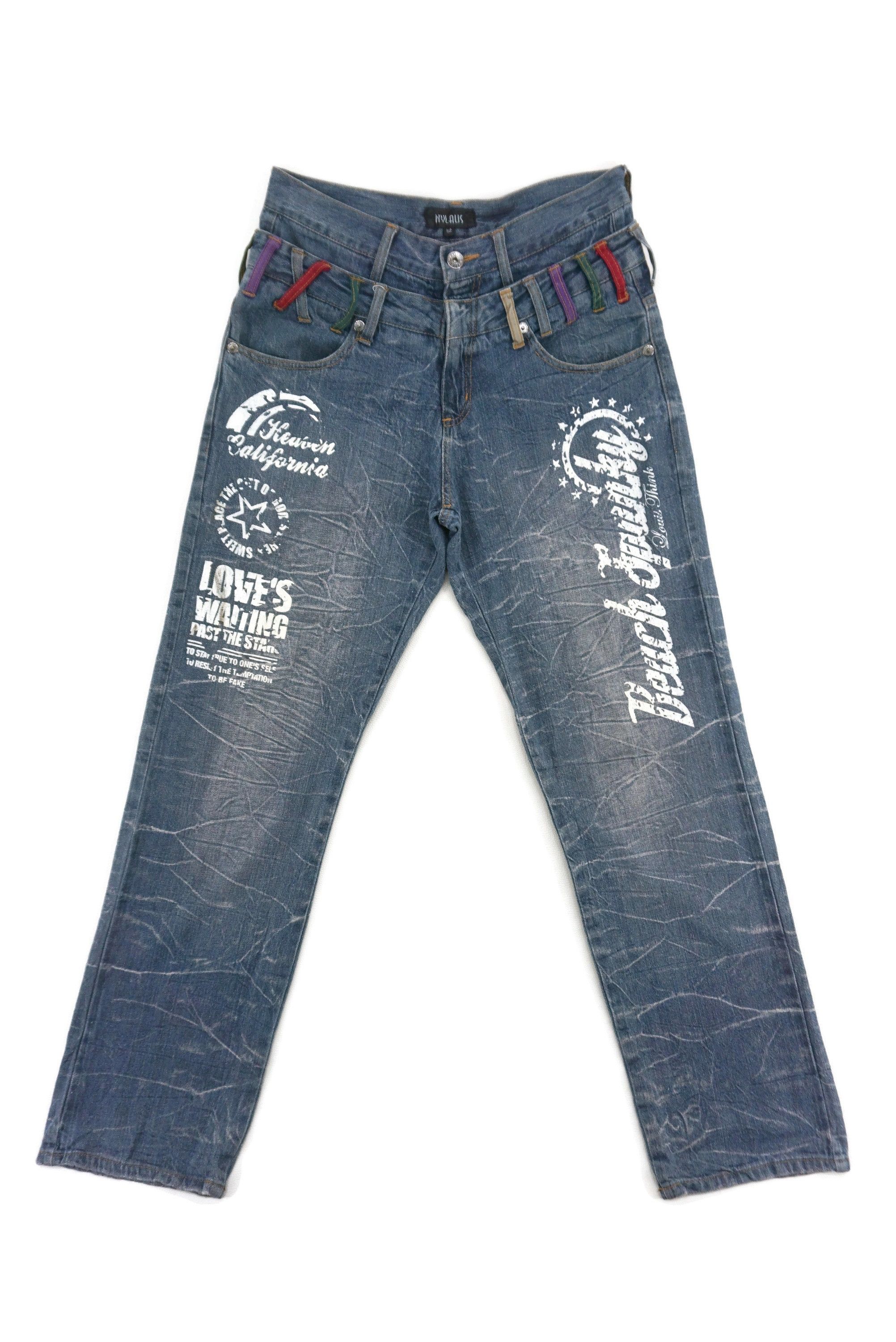 image of Rockers Nylaus Double Waist Punk Spellout Print Jeans Pants in Blue, Women's (Size 30)