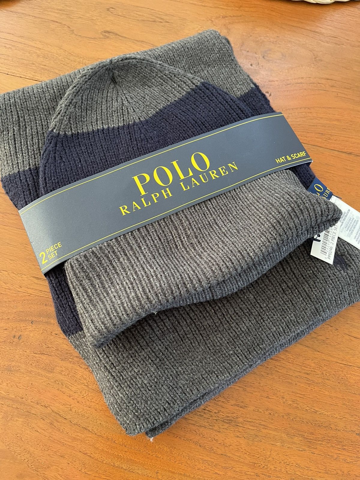 Polo Ralph Louren Mens Scarf beanie set Navy grey NWT