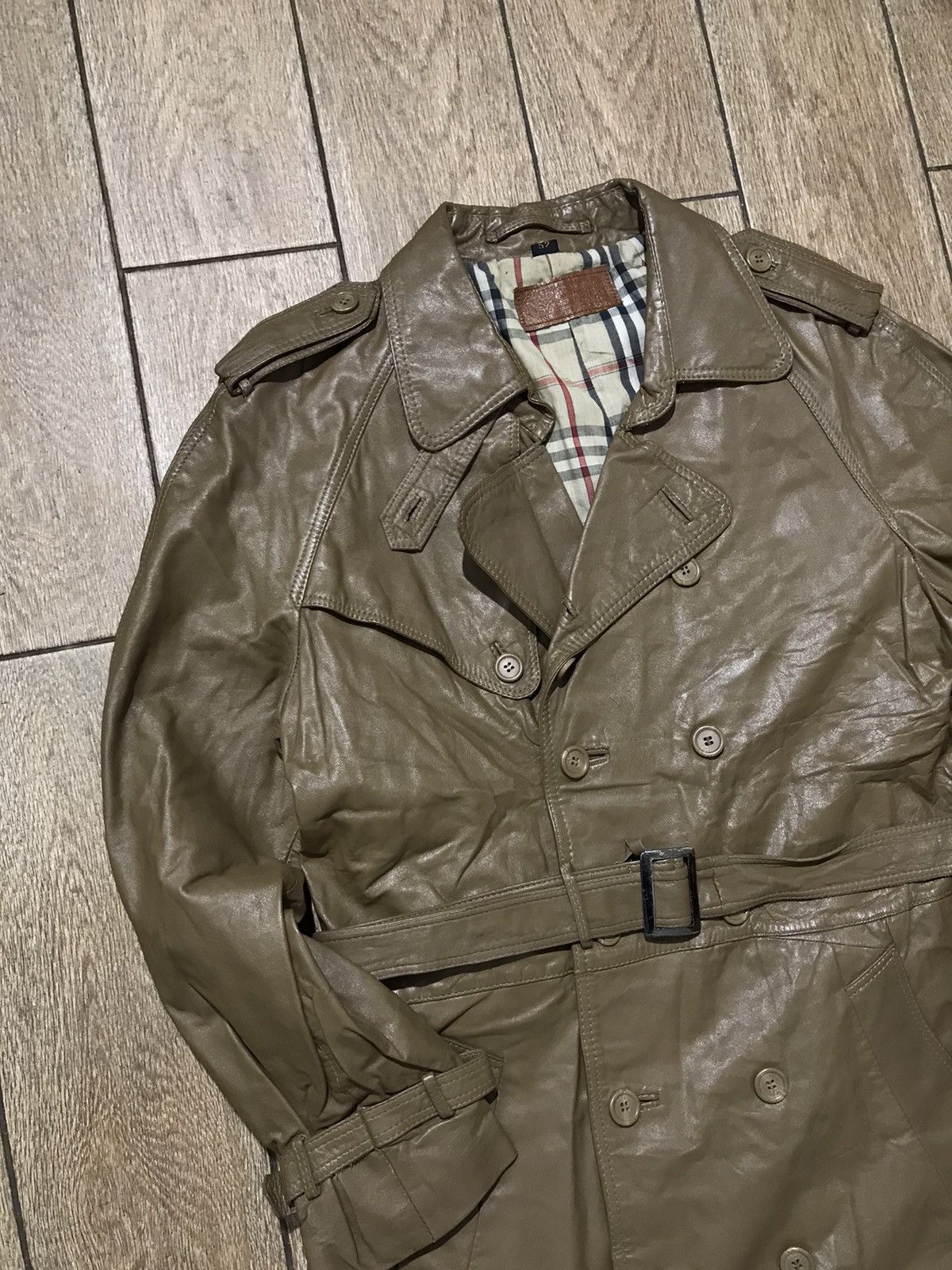 Genuine Leather Vintage Brown Burberry style designs Leather coat trench Size US L / EU 52-54 / 3 - 5 Thumbnail