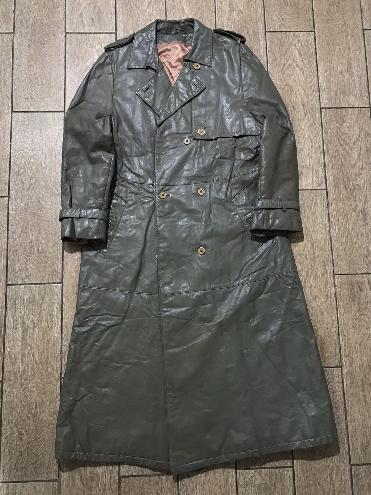Vintage 80s style Olive Genuine Leather Coat Trench