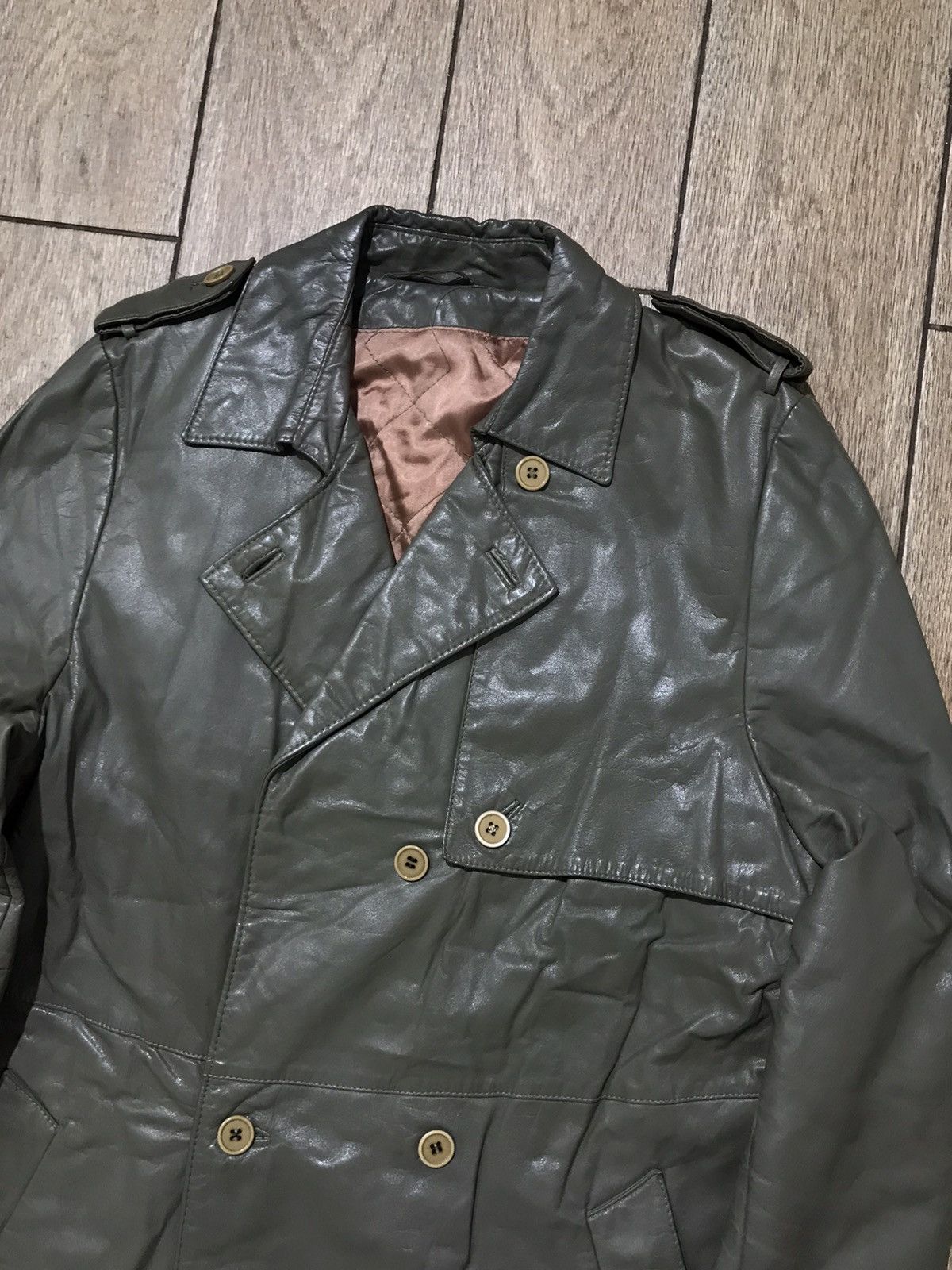 Vintage 80s style Olive Genuine Leather Coat Trench