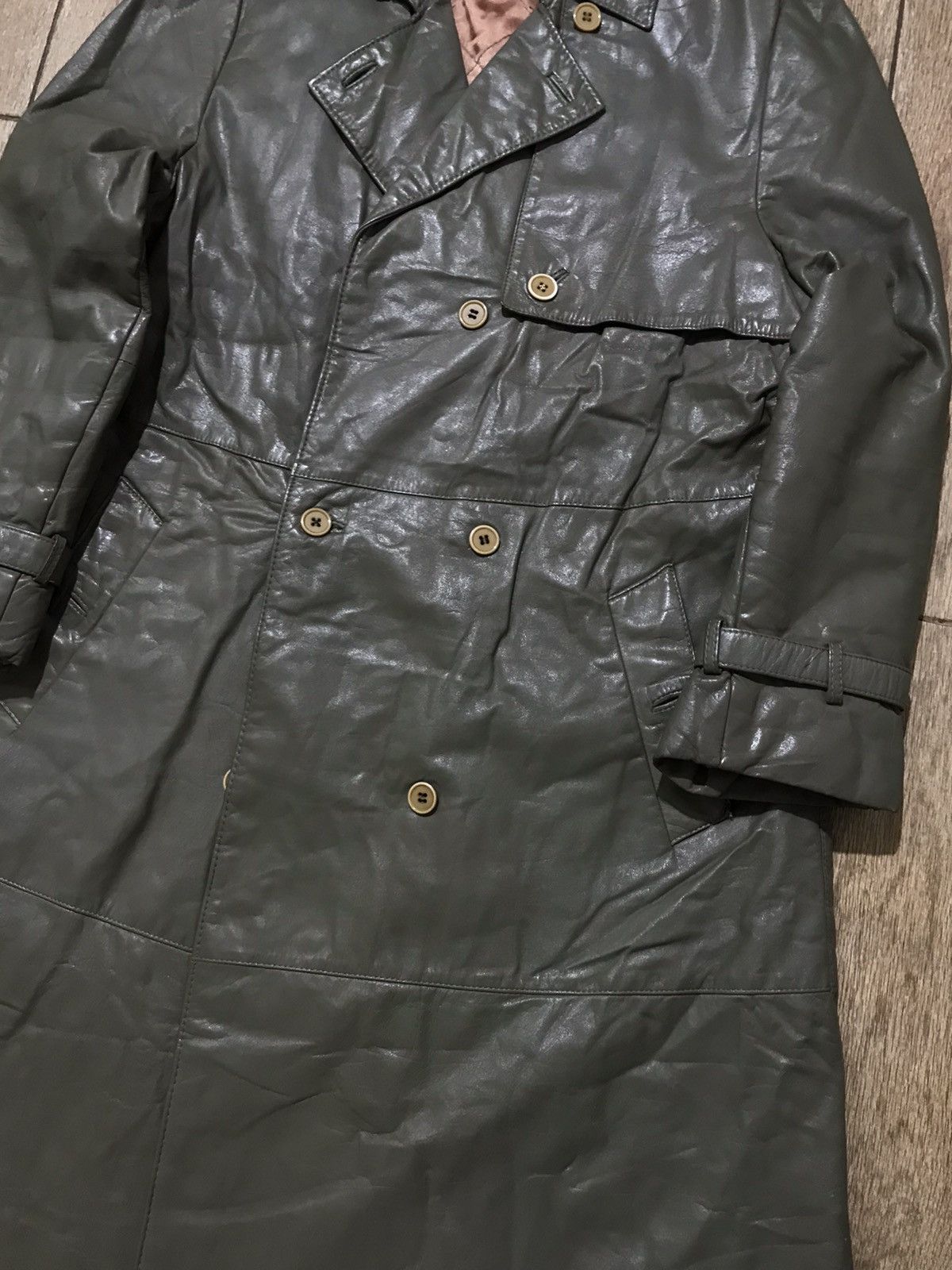 Vintage 80s style Olive Genuine Leather Coat Trench