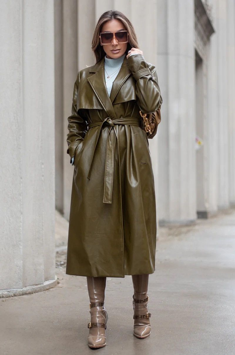 Vintage 80s style Olive Genuine Leather Coat Trench