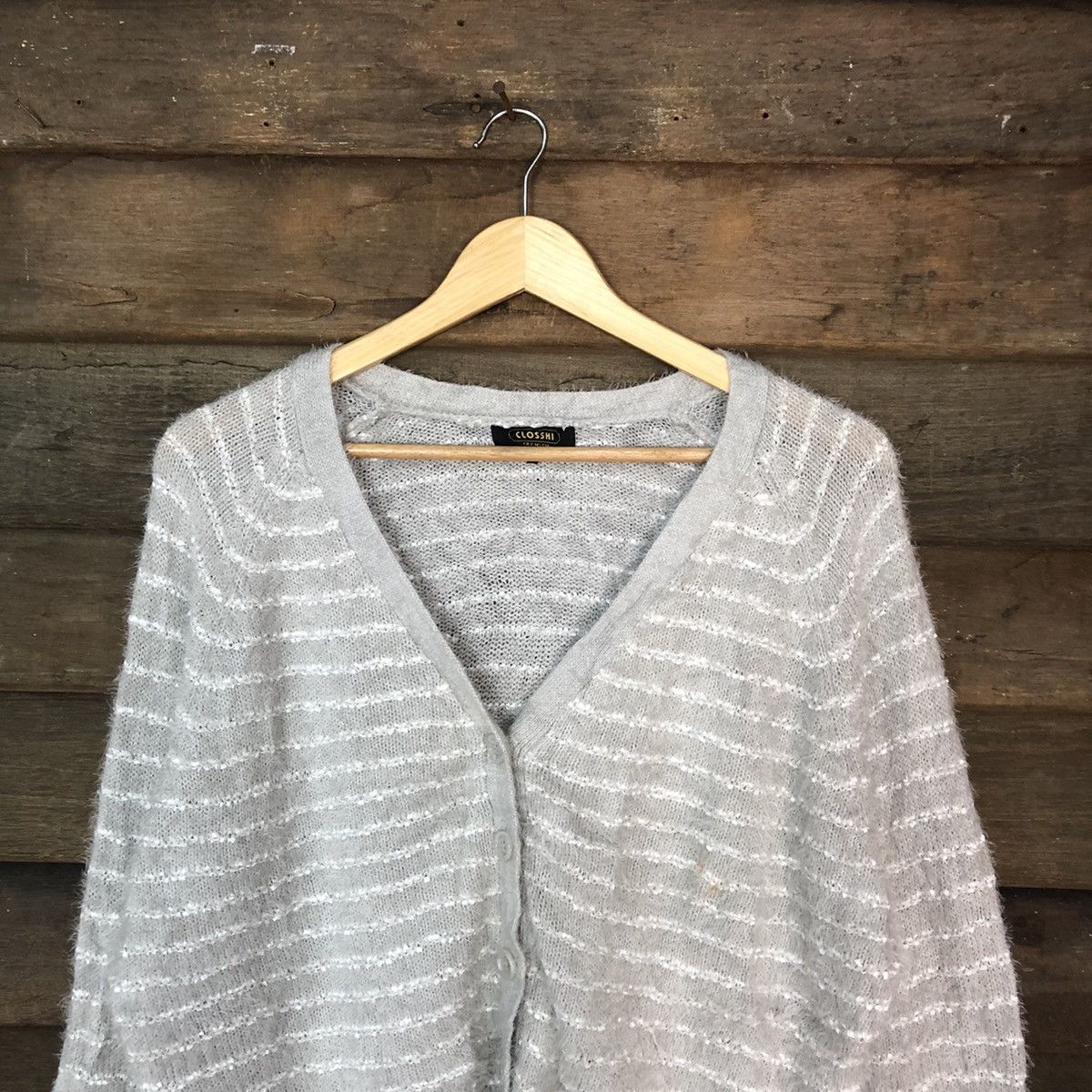 Homespun Knitwear Closshi Grey stripe cardigan Shaggy Fur Mohair Knitwear#6963 Size M / US 6-8 / IT 42-44 - 2 Thumbnail