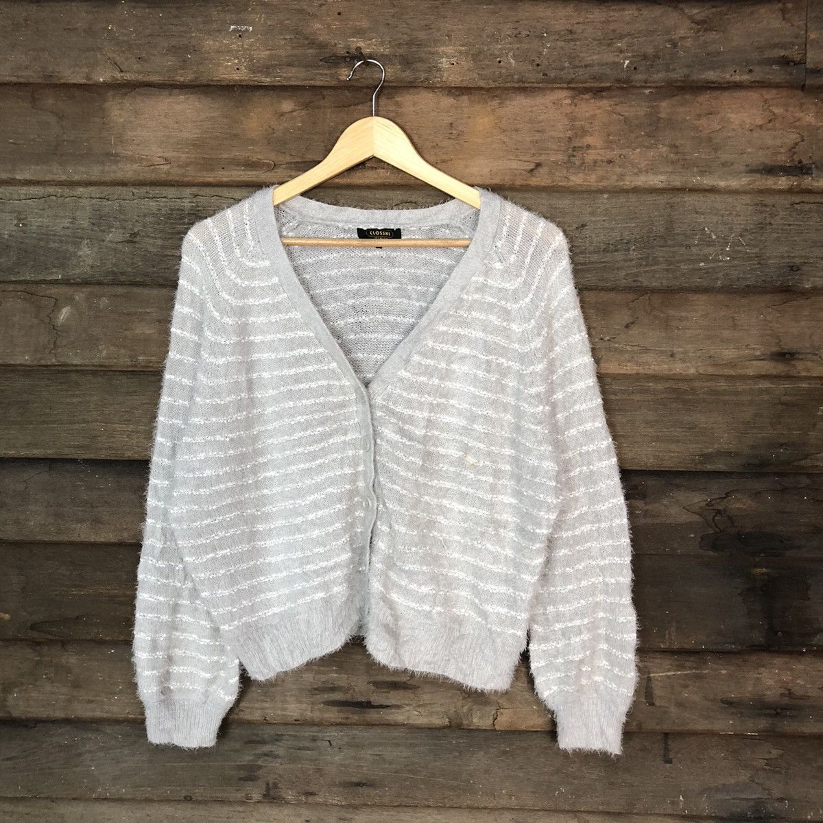Homespun Knitwear Closshi Grey stripe cardigan Shaggy Fur Mohair Knitwear#6963 Size M / US 6-8 / IT 42-44 - 1 Thumbnail