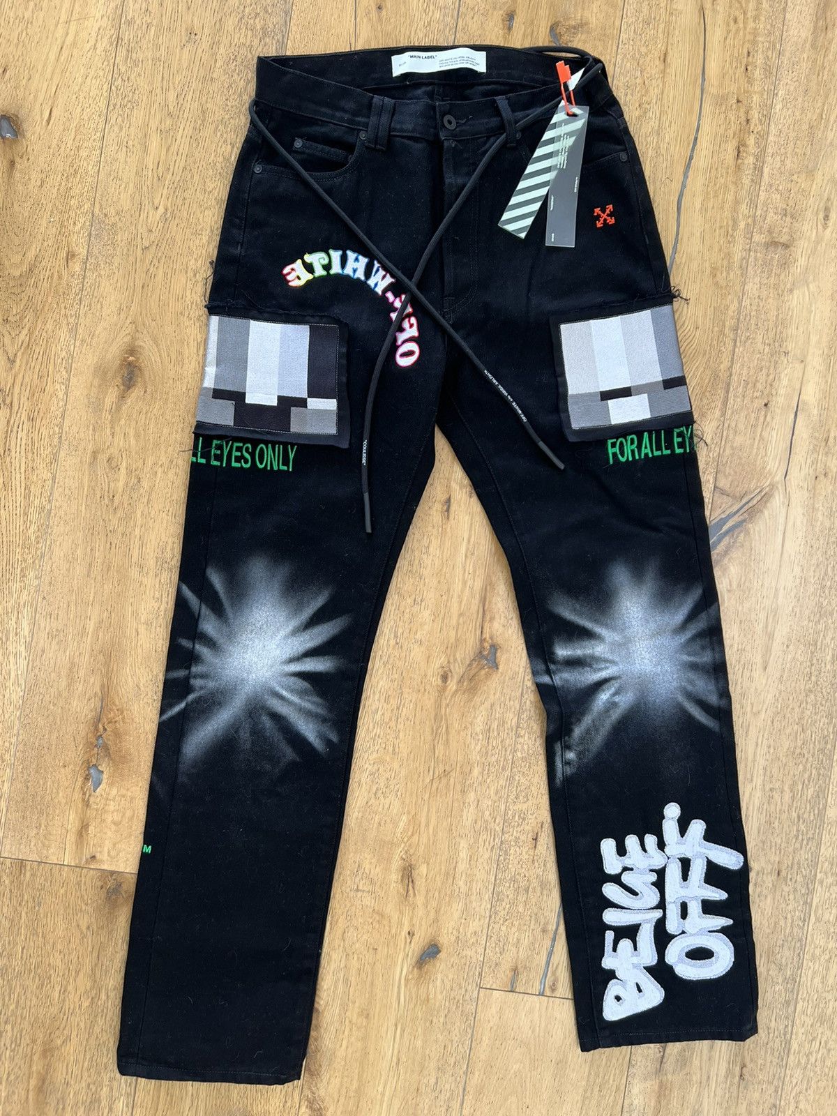 image of Off White Off-White Relaxed Fit Patch “For Your Eyes Only” Denim in Black, Men's (Size 32)