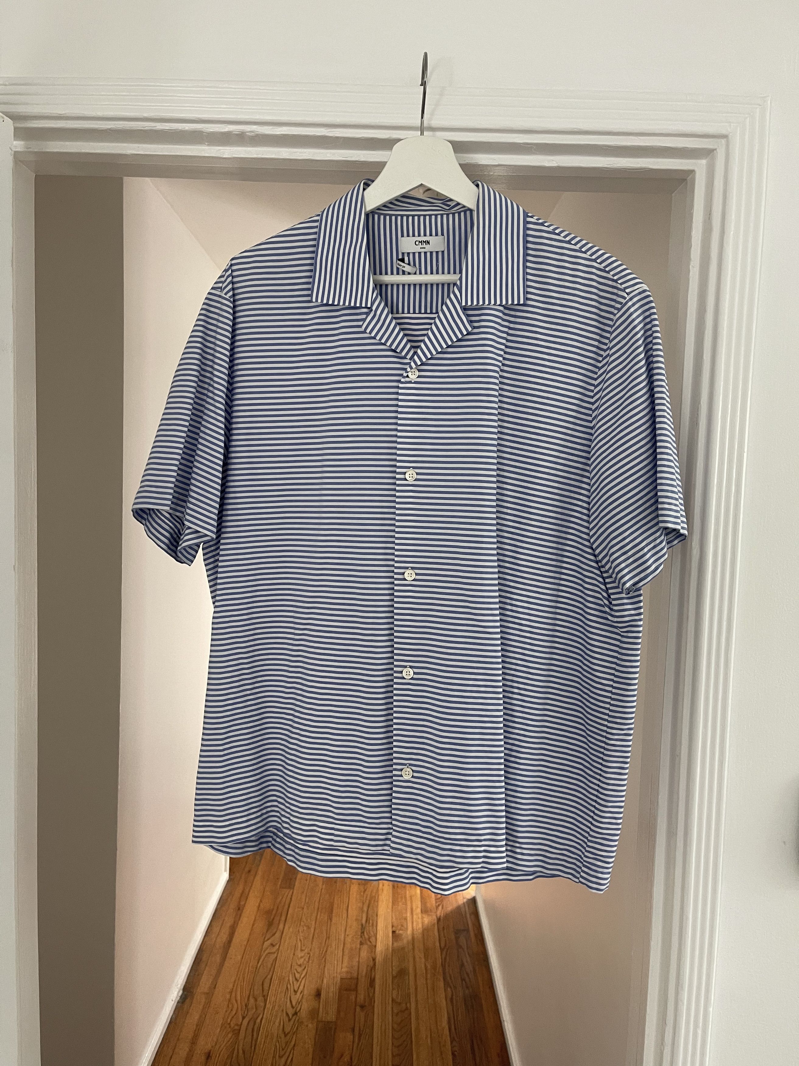image of Cmmn Swdn Blue Striped Camp Collar Shirt, Men's (Size Medium)