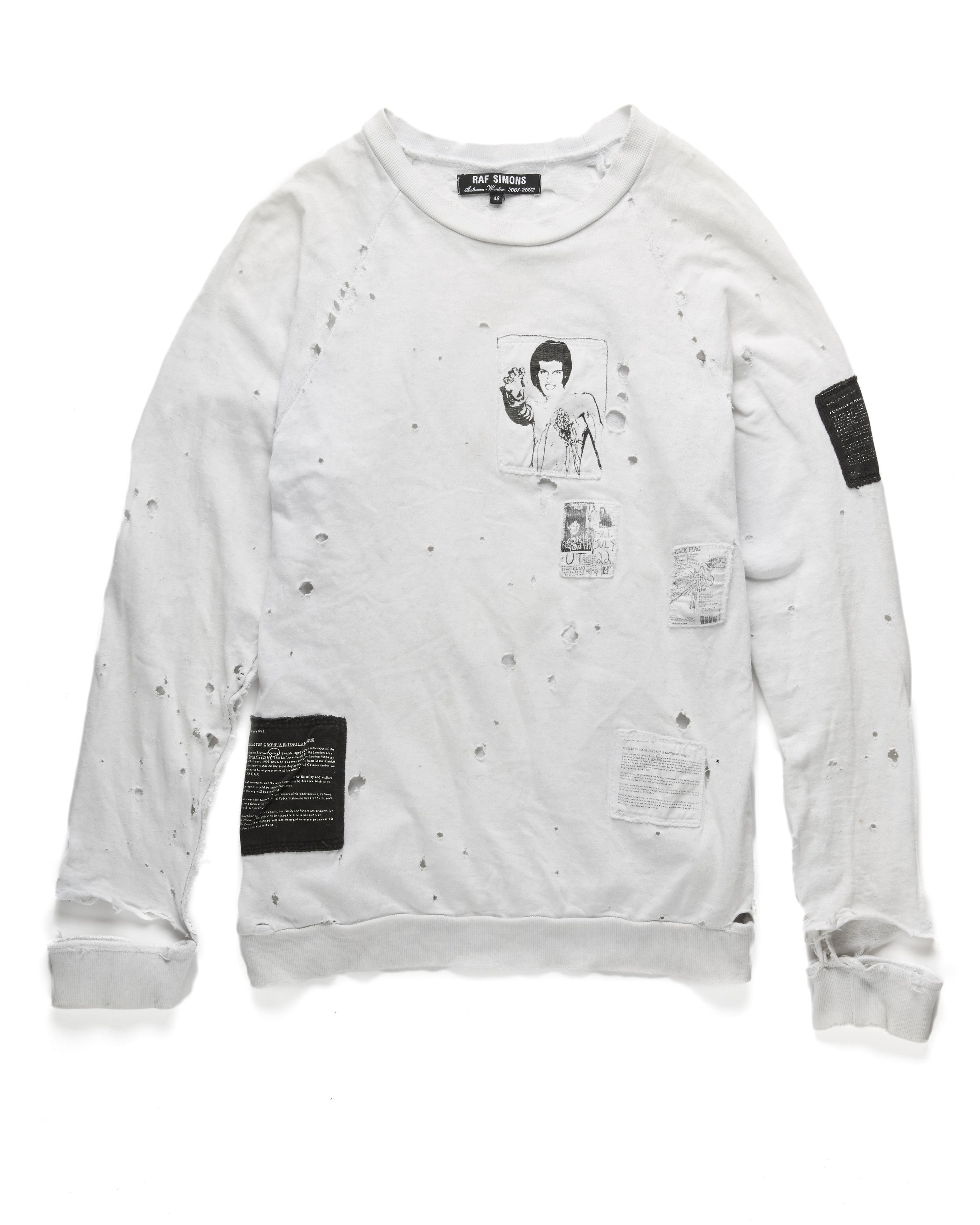 Raf Simons AW01-02 Riot Riot Riot Destroyed Patch Sweater | Grailed