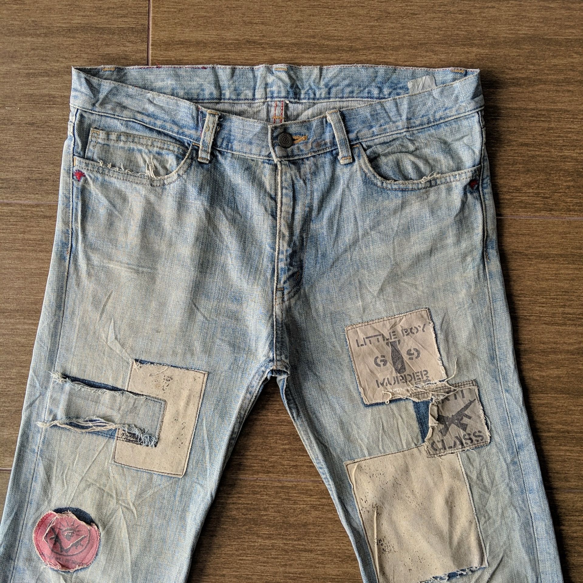 Japanese Brand Vtg AntiClock Patchwork Lightwash Denim Distressed Jean Pans Size US 36 / EU 52 - 2 Thumbnail
