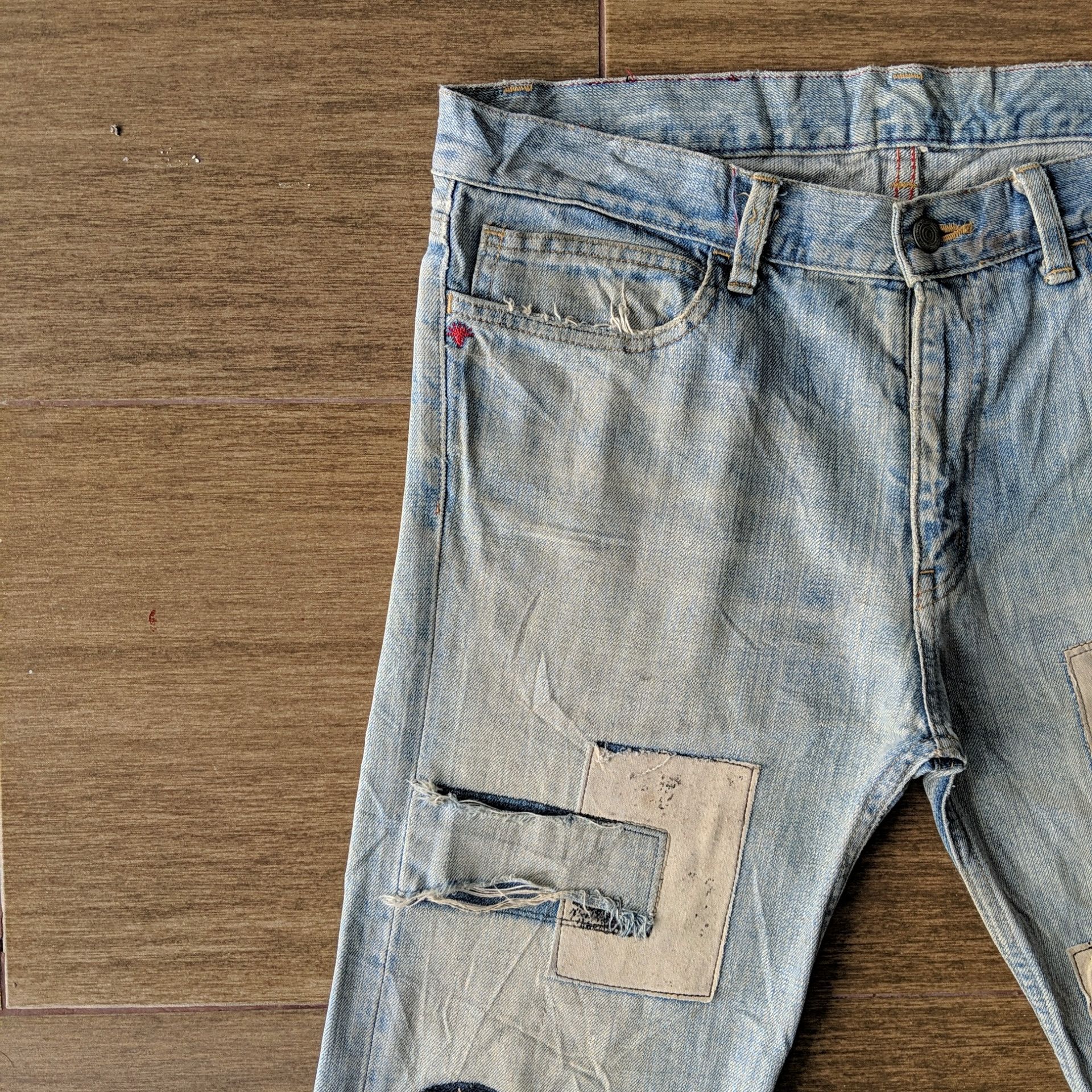 Japanese Brand Vtg AntiClock Patchwork Lightwash Denim Distressed Jean Pans Size US 36 / EU 52 - 3 Thumbnail