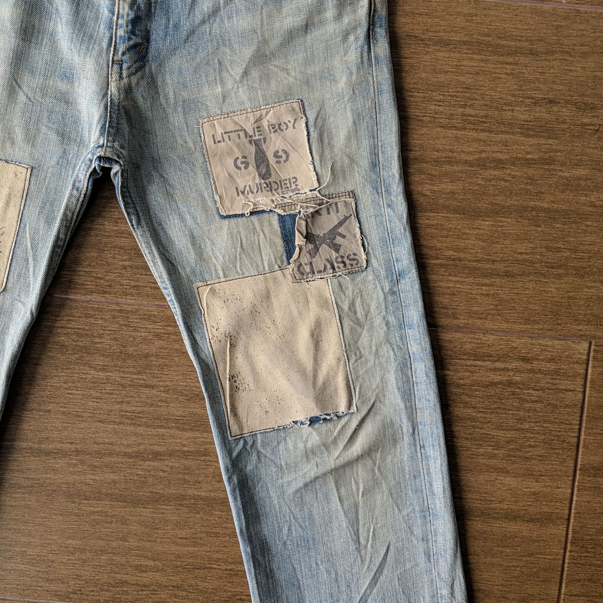 Japanese Brand Vtg AntiClock Patchwork Lightwash Denim Distressed Jean Pans Size US 36 / EU 52 - 6 Thumbnail
