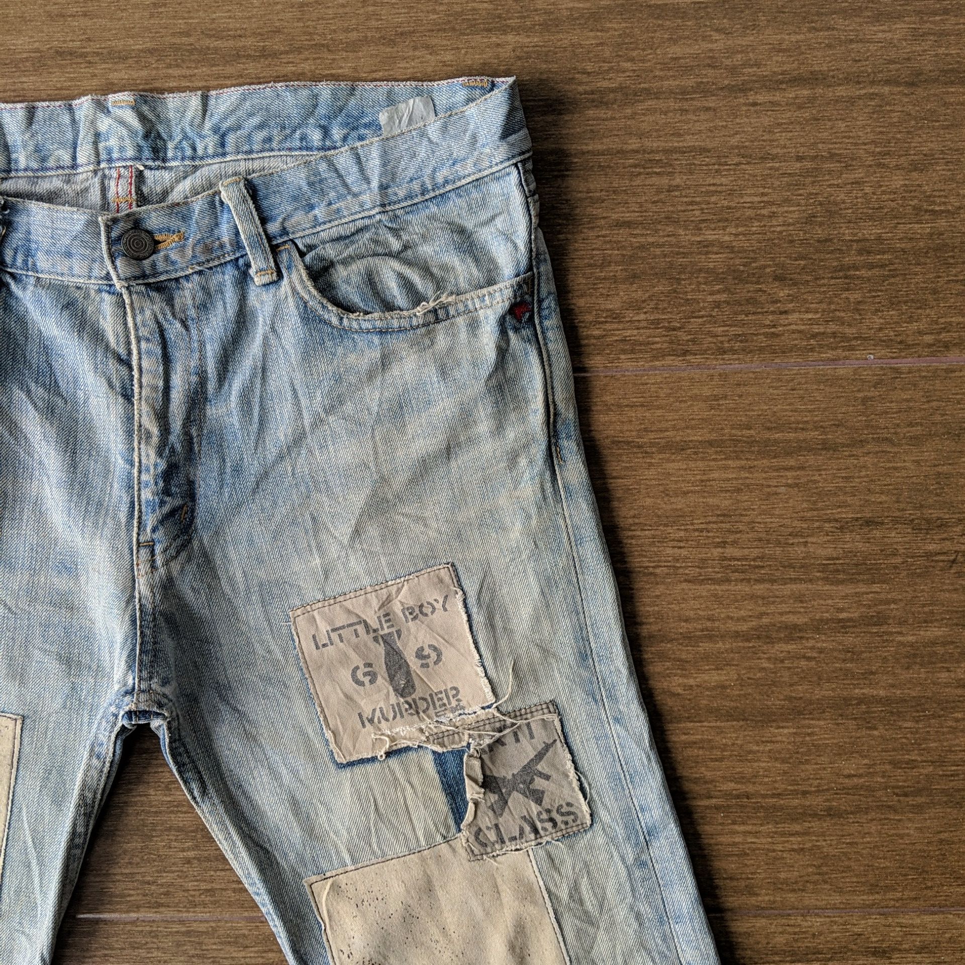 Japanese Brand Vtg AntiClock Patchwork Lightwash Denim Distressed Jean Pans Size US 36 / EU 52 - 4 Thumbnail