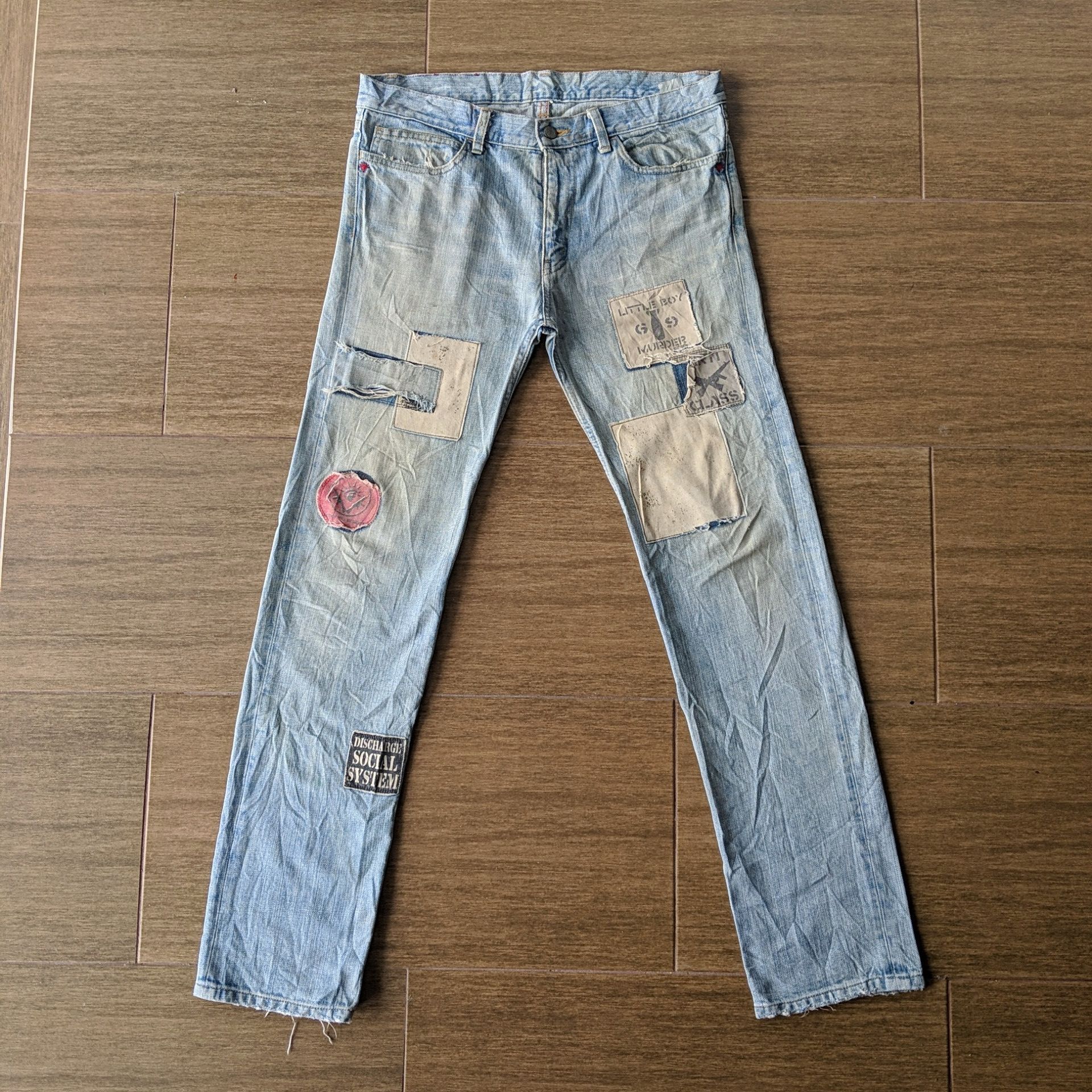 Japanese Brand Vtg AntiClock Patchwork Lightwash Denim Distressed Jean Pans Size US 36 / EU 52 - 1 Thumbnail